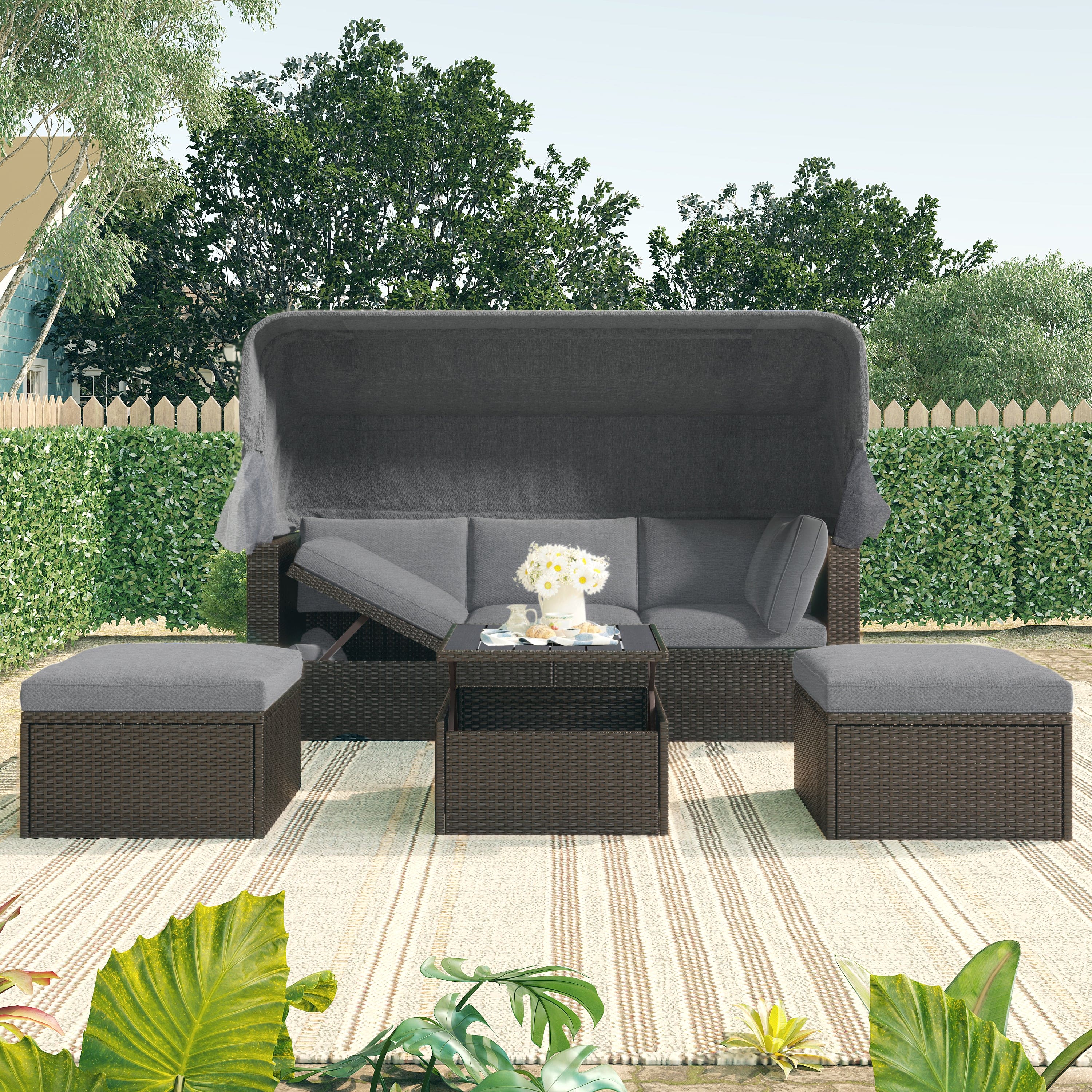 U_Style Outdoor Patio Rectangle Daybed with Retractable Canopy,  Wicker Furniture Sectional Seating with Washable Cushions, Backyard, Porch(As same as WY000263AAE)