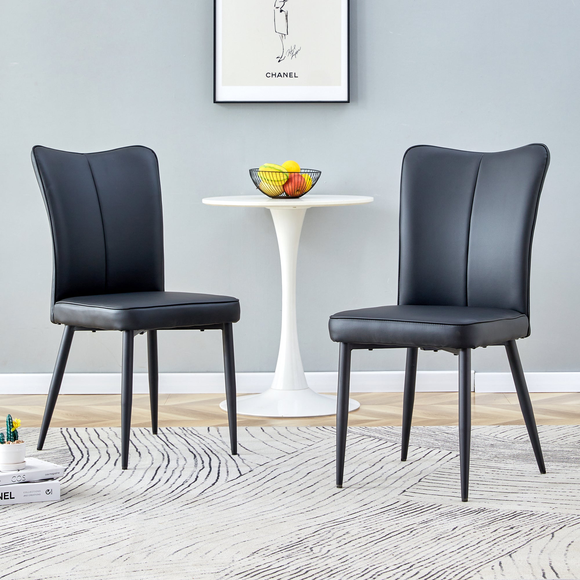 Modern minimalist dining chairs, black PU leather curved backrest and seat cushions, black metal chair legs, suitable for restaurants, bedrooms, and living rooms. A set of 2 chairs. 008