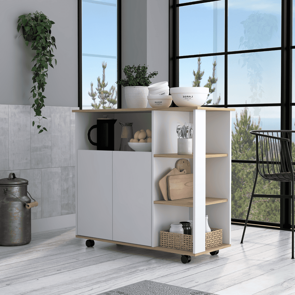 DEPOT E-SHOP St. Thomas Kitchen Cart, Four Open Shelves, Double Door Cabinet, Four Casters, Light Oak / White