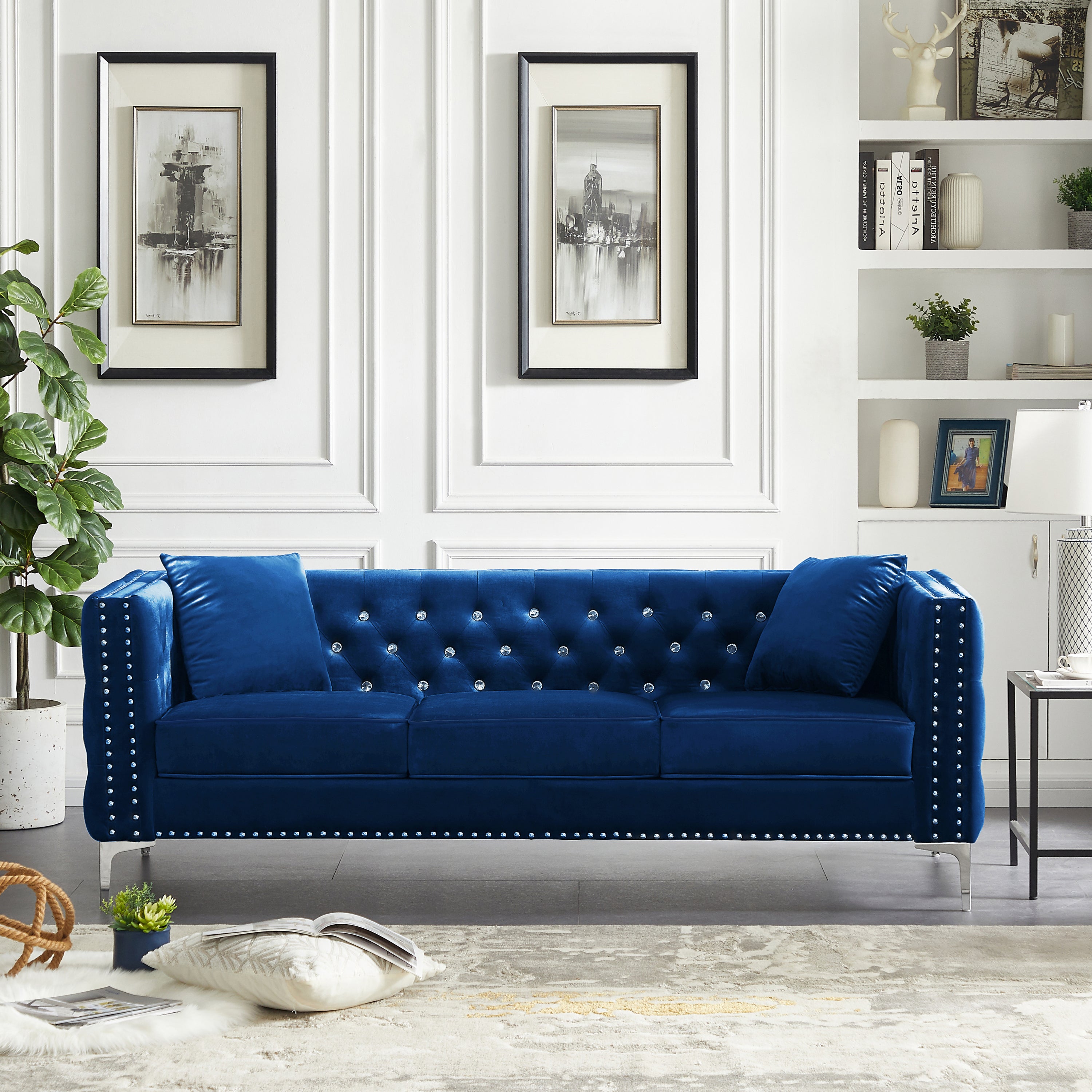 82.3" Width Modern Velvet Sofa Jeweled Buttons Tufted Square Arm Couch Blue,2 Pillows Included