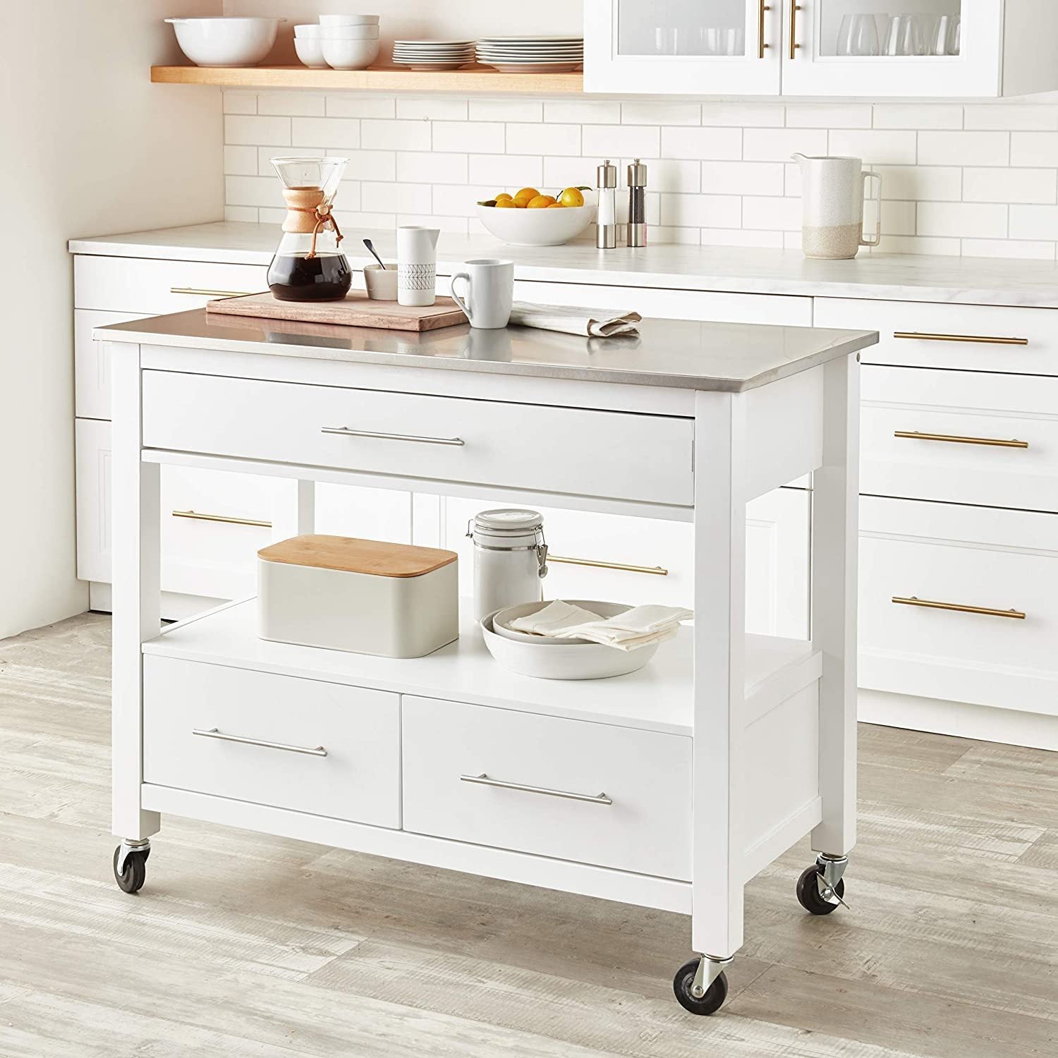 ACME Ottawa Kitchen Cart, Stainless Steel & White 98330