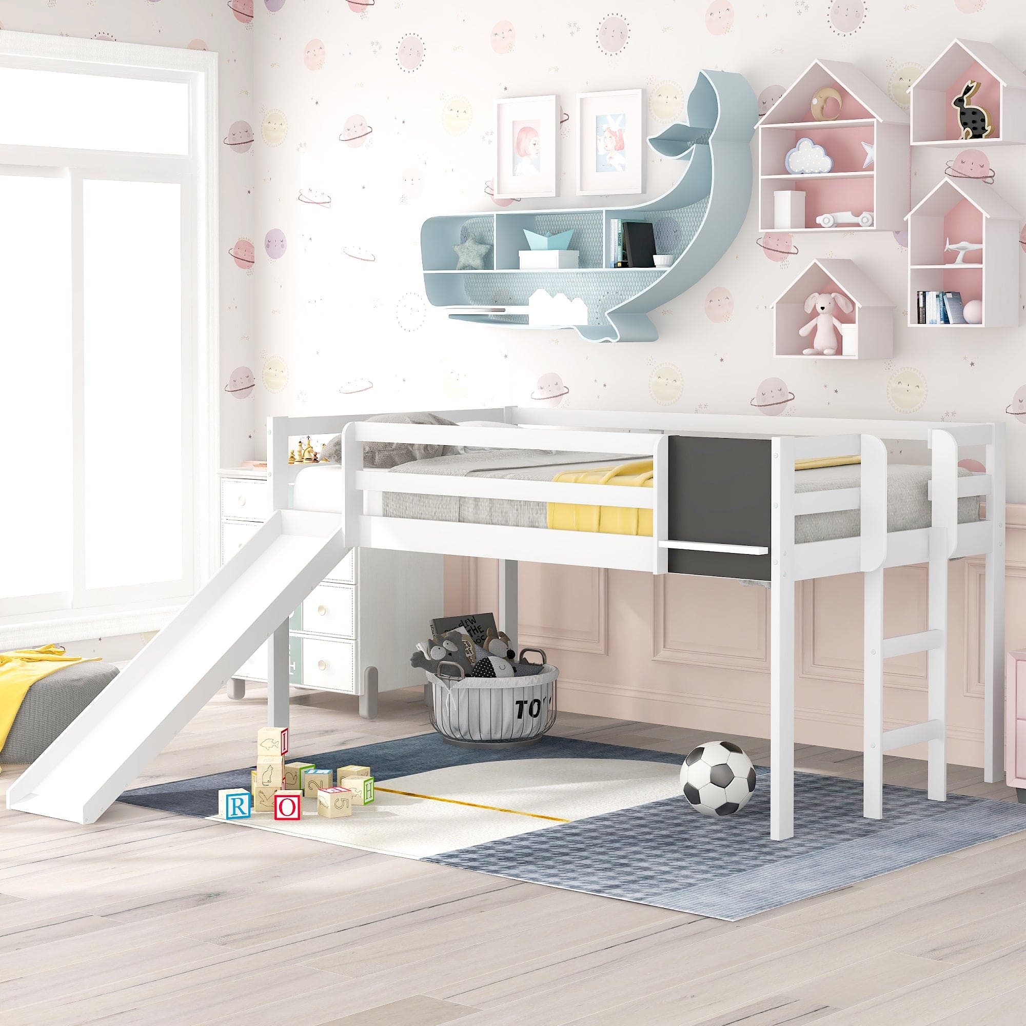 Twin size Loft Bed Wood Bed with Slide, Stair and Chalkboard,White(OLD SKU :WF282115AAK)