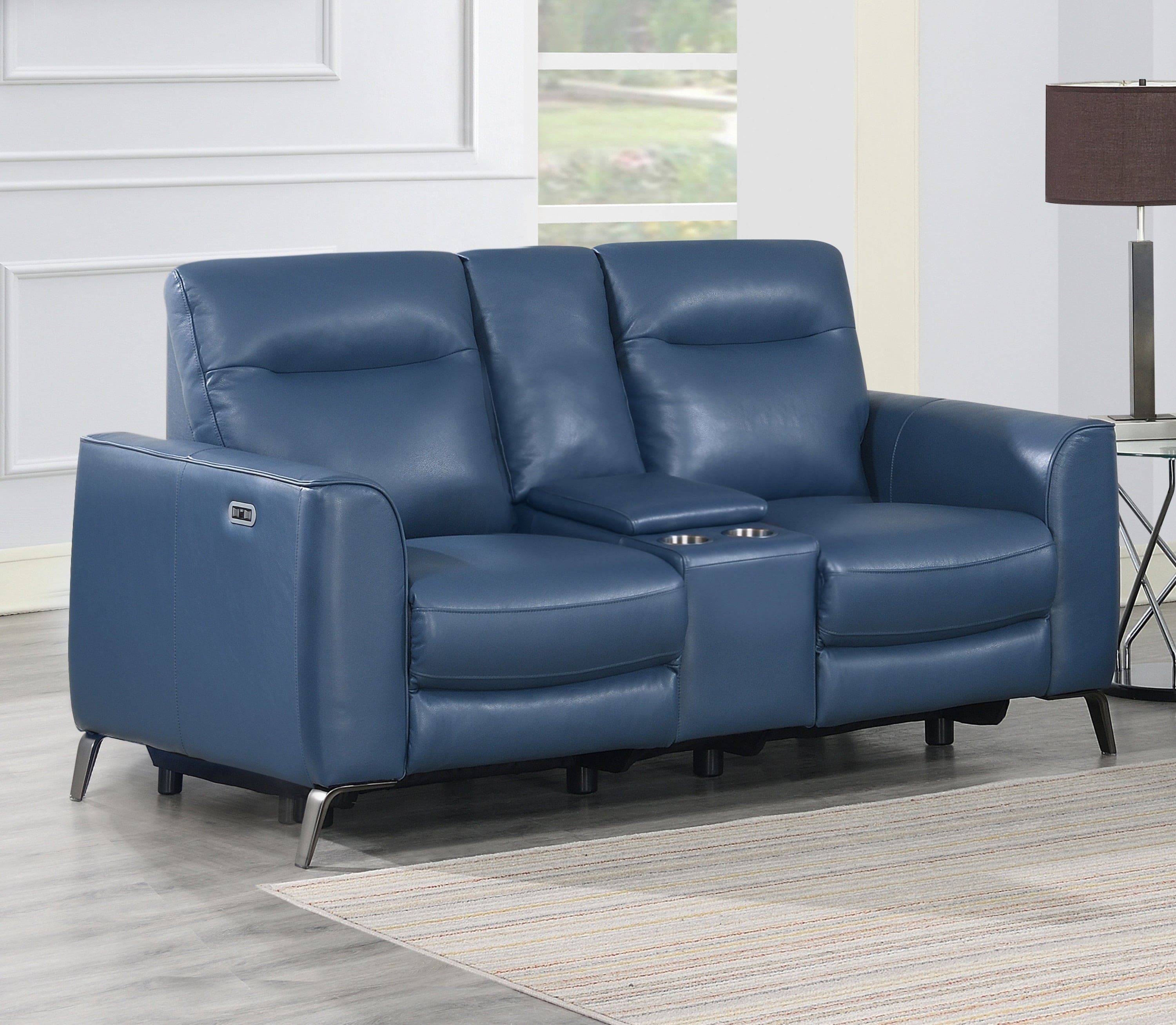 High-Leg Console Loveseat - Top-Grain Leather, Dual-Power, Ocean Blue Color - Stowaway Footrest, Flaired Chrome Leg, Motion Furniture Look