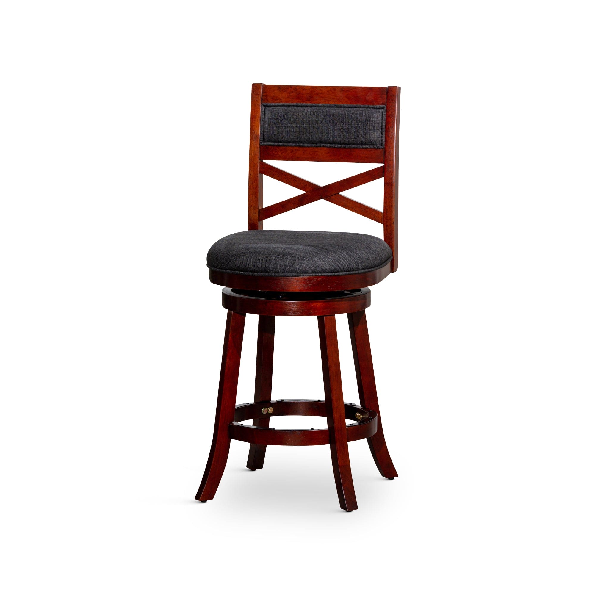 30" Bar Height X-Back Swivel Stool, Stool, Cherry Finish, Charcoal Fabric Seat