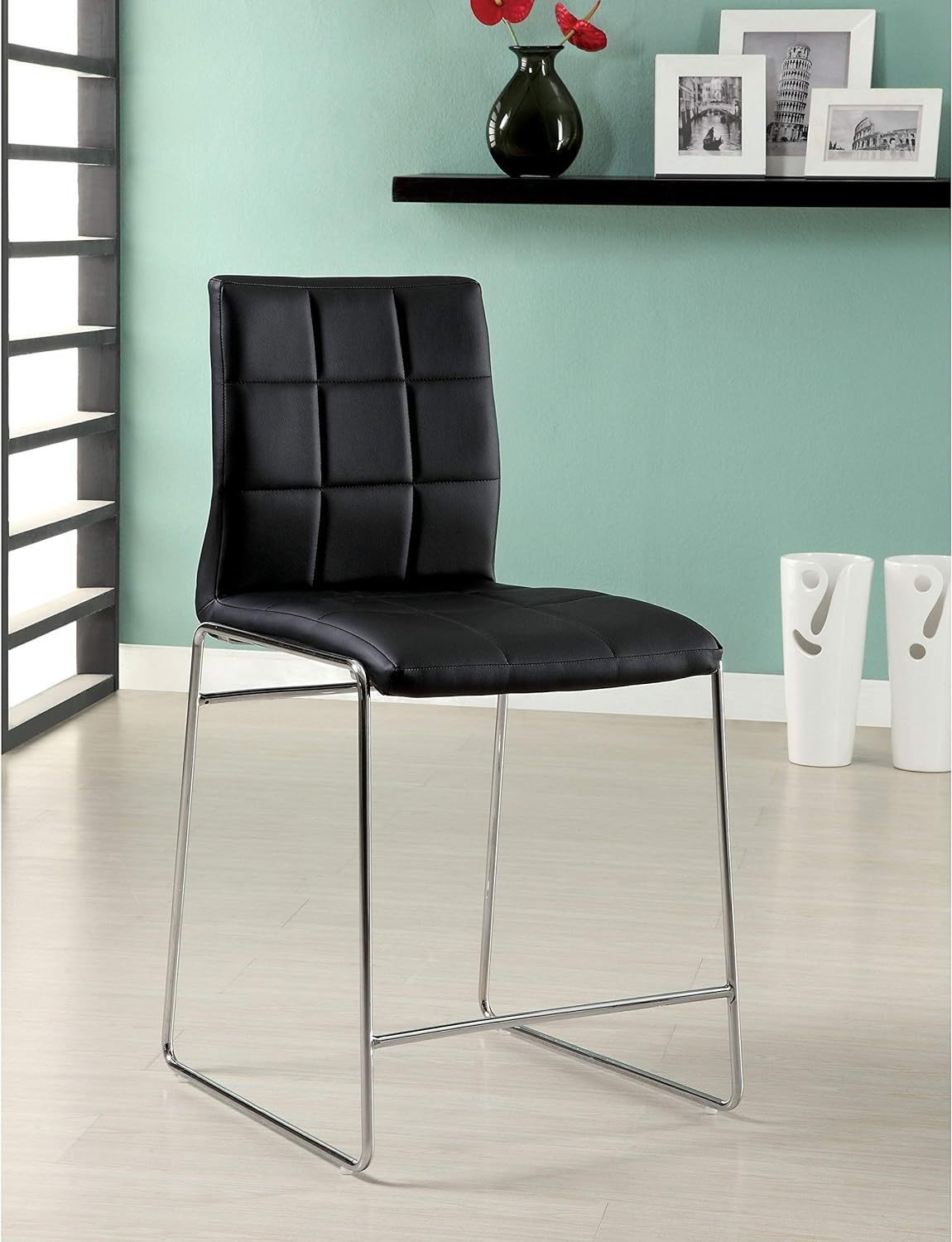 Black Color Leatherette 2pcs Counter Height Dining Chairs Chrome Metal Legs Dining Room Counter Height Chairs