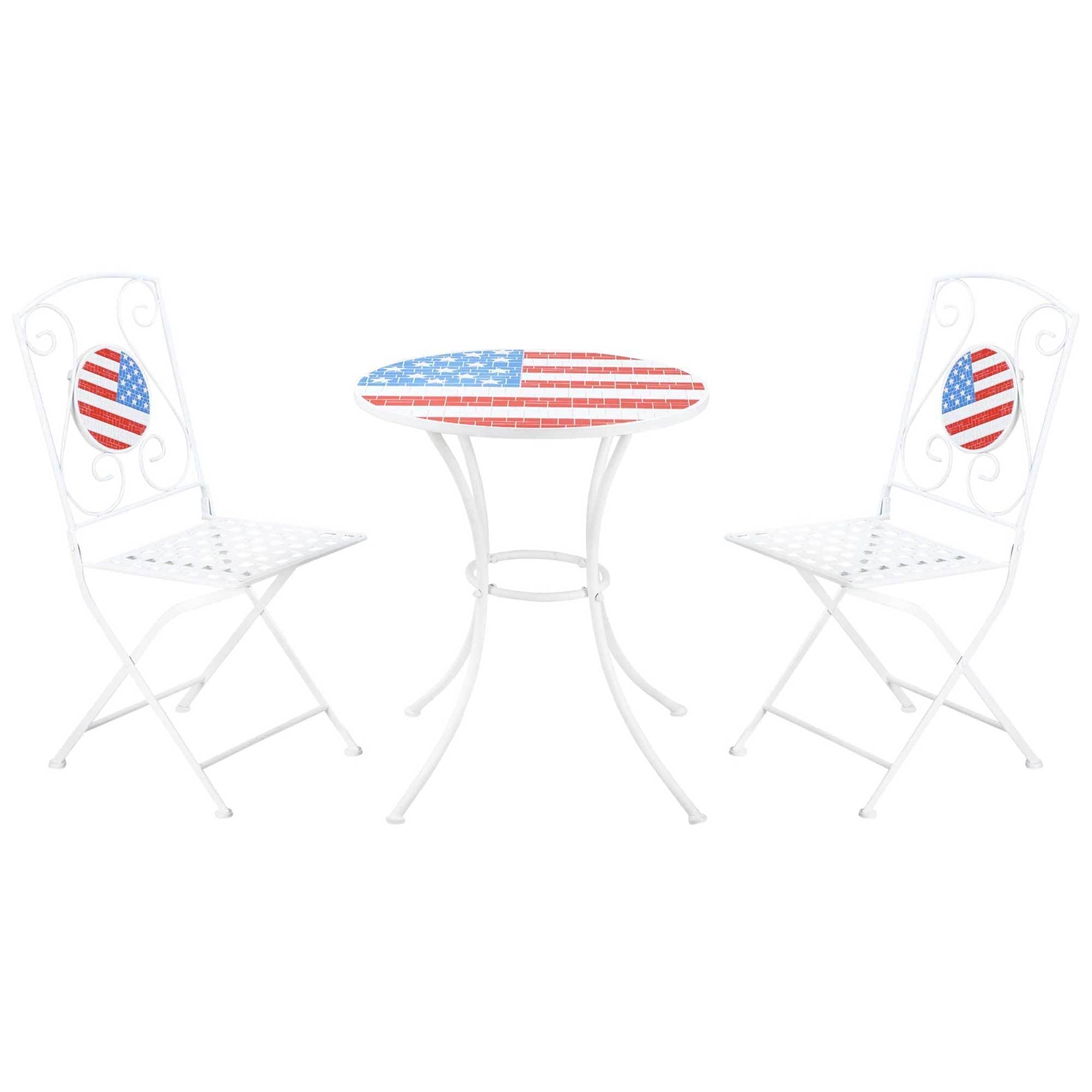 Outsunny 3 Piece Patio Bistro Set, Folding Outdoor Furniture with USA Mosaic Table and Chairs, 
Portable Metal Frames for 4th of July, Balcony, Backyard, Poolside, Porch, American Flag