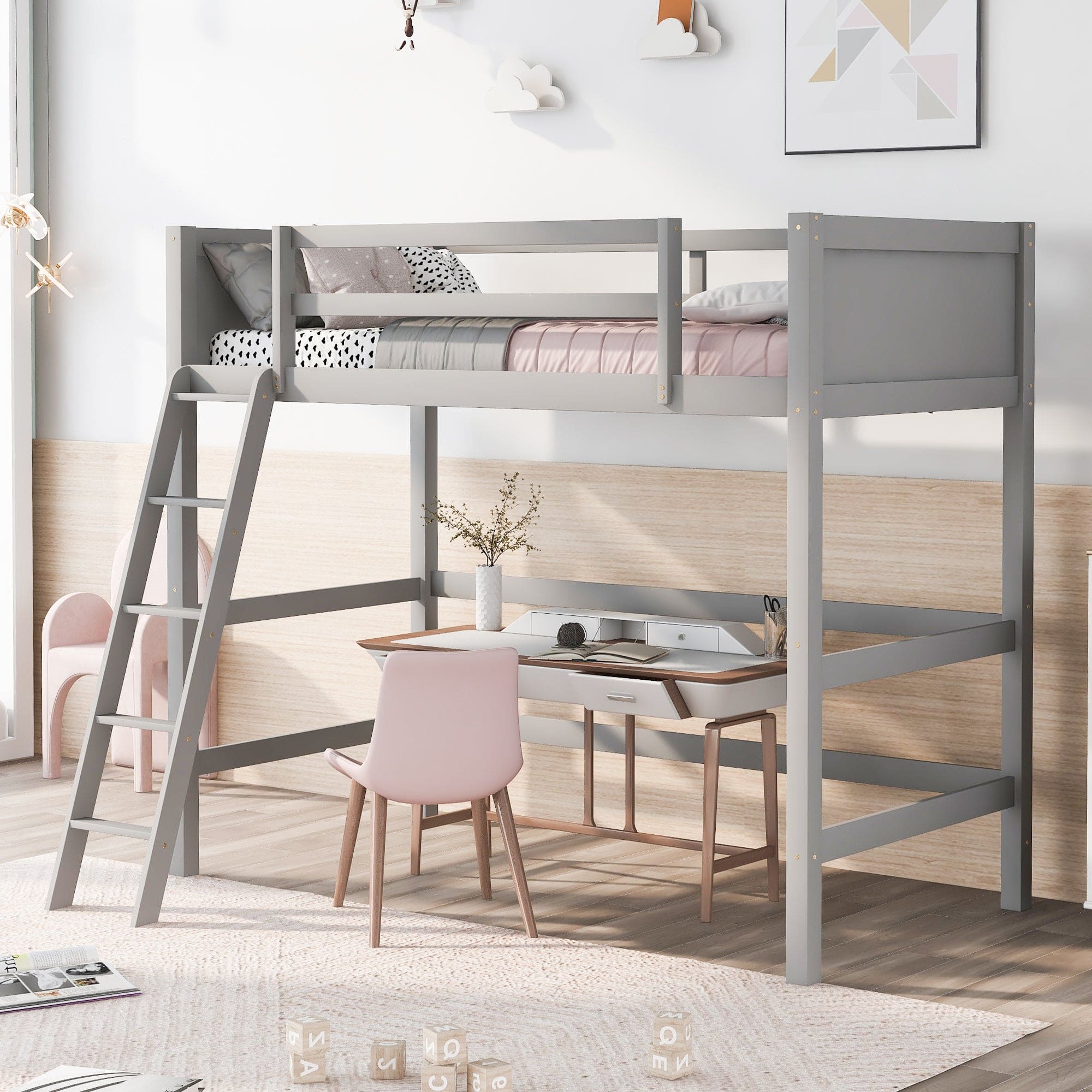 Solid Wood Twin Size Loft Bed with Ladder(Gray)(OLD SKU: WF191903AAE)