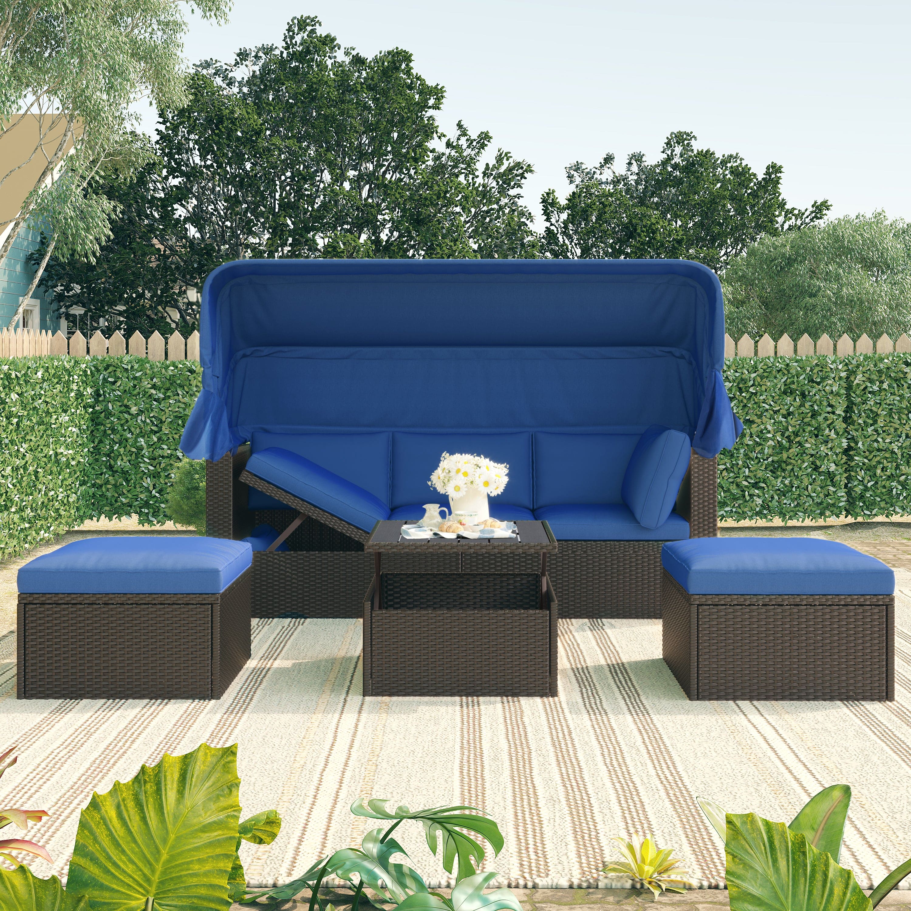 U_Style Outdoor Patio Rectangle Daybed with Retractable Canopy,  Wicker Furniture Sectional Seating with Washable Cushions, Backyard, Porch(As same as WY000263AAE)