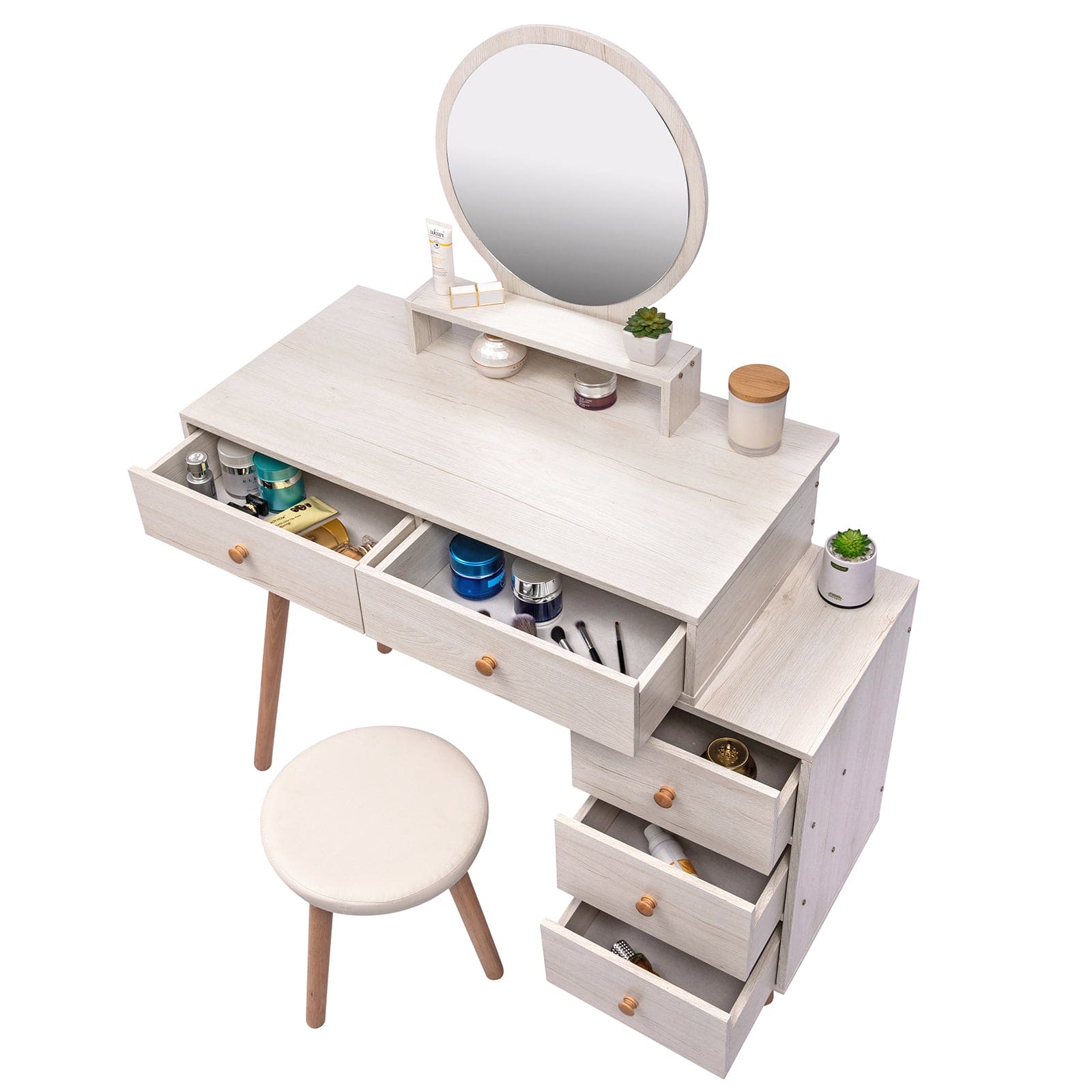 CRAZY ELF Makeup Vanity Table with Cushioned Stool, Large Capacity Storage Cabinet, 5 Drawers, Large Round Mirror, Fasionable Makeup Furniture (31.5"-43.2"L x 15.8"W x 48.1"H) Length Adjustable