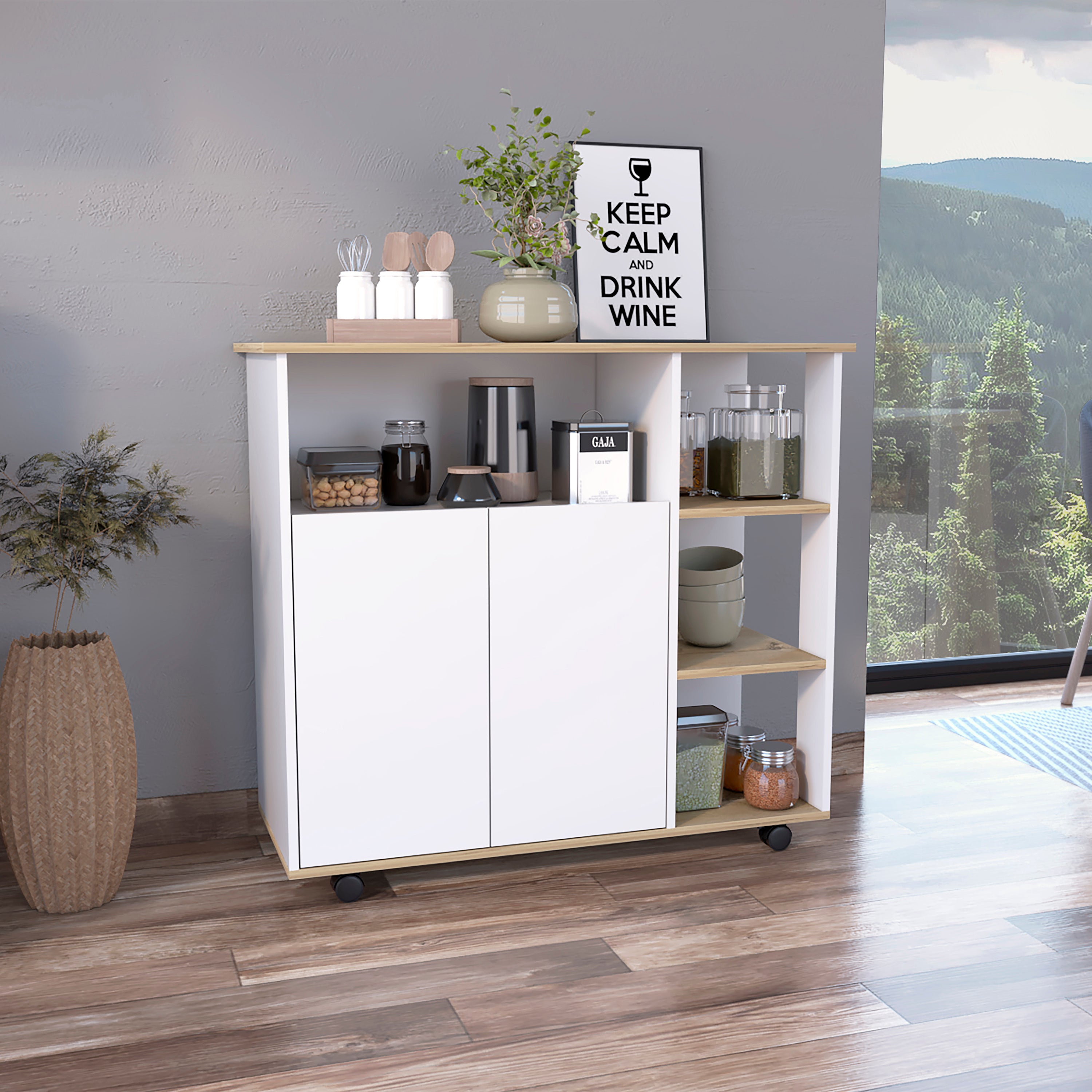 Paprika Kitchen Cart, Four Casters , Four Open Shelves, Double Door Cabinet -Light Oak / White