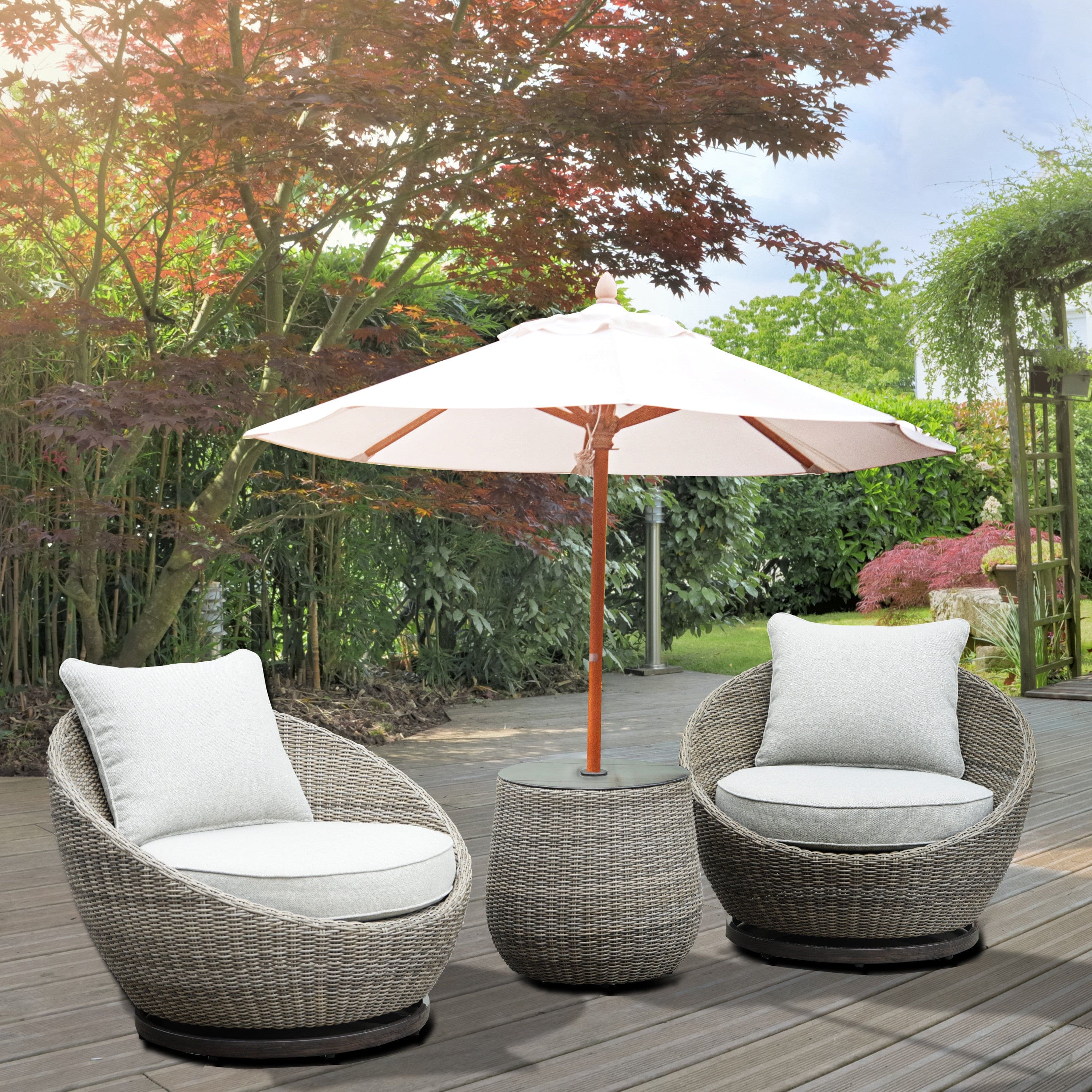 Cozy Outdoor Set - Swivel Woven Chairs, Side Table - All-Weather Resin Wicker, Powder-Coated Aluminum, Fully Assembled