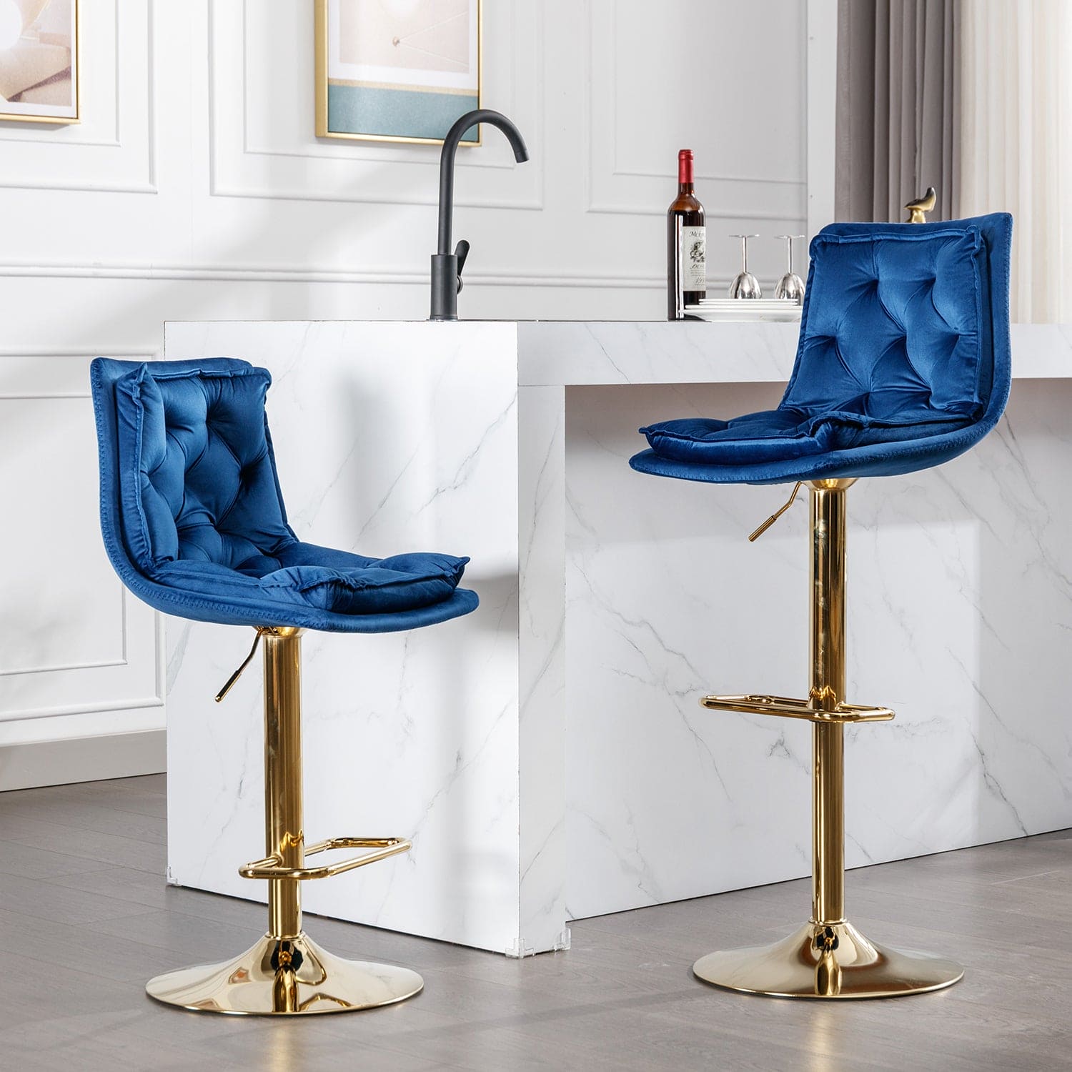 Set of 2 Bar Stools,with Chrome Footrest and Base Swivel Height Adjustable Mechanical Lifting Velvet + Golden Leg Simple Bar Stoo,blue