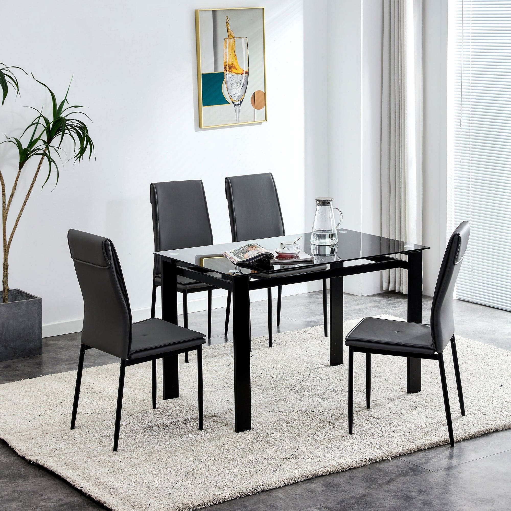 5 Pieces Dining Table Set for 4,Kitchen Room Tempered Glass Dining Table ,4 Faux Leather Chairs ,Black