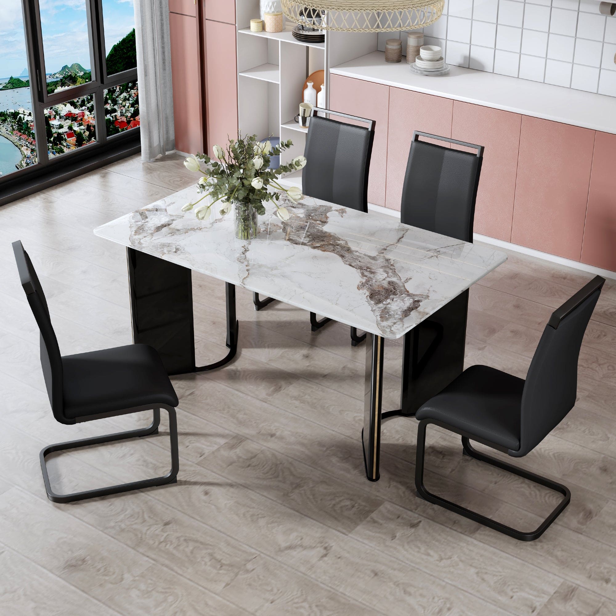 Table and chair set. 1 table and 4 chairs. Rectangular dining table, white imitation marble tabletop, MDF table legs with gold metal decorative strips. Black chair. HH 1162