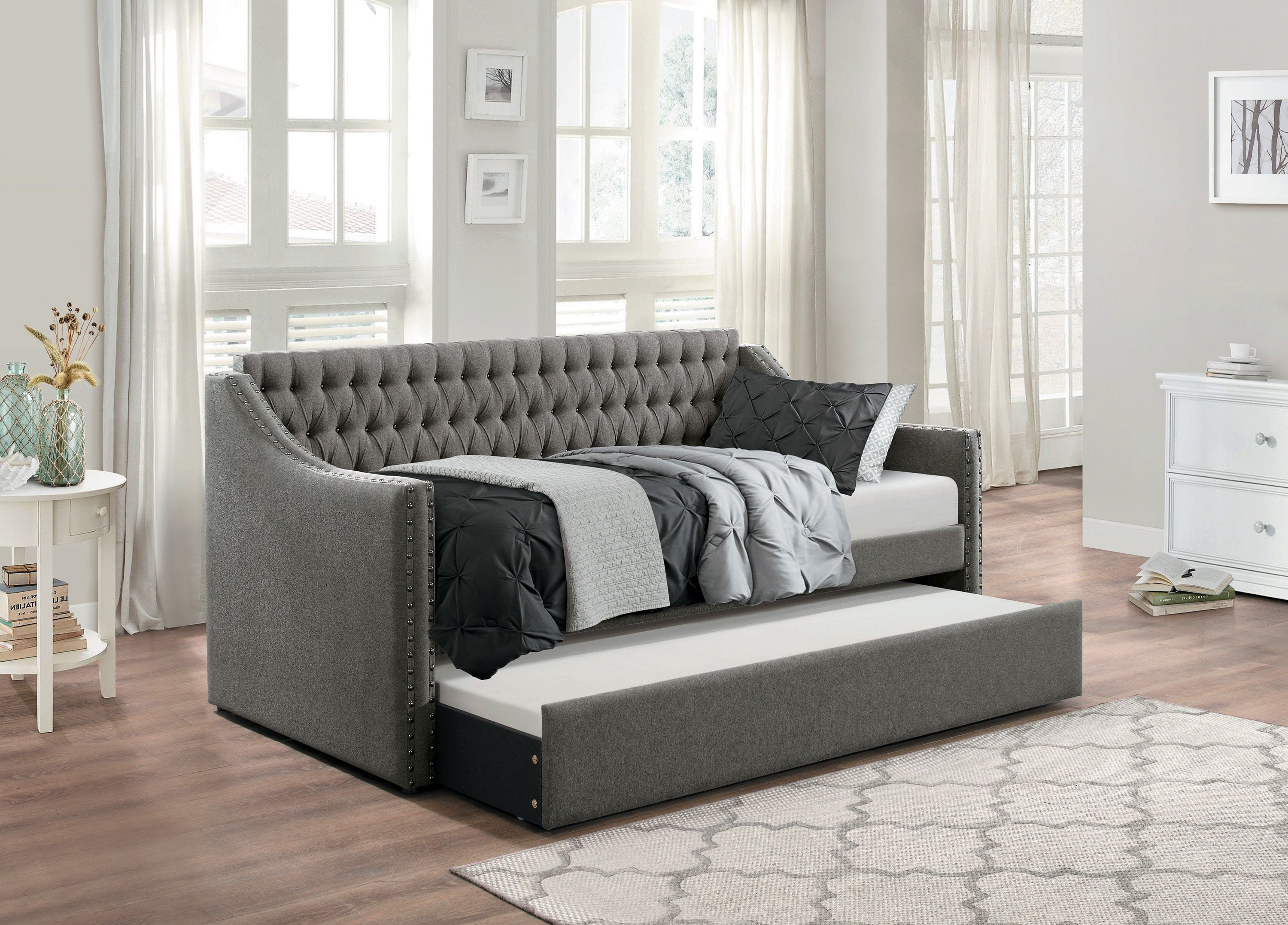 Modern Design Dark Gray Fabric Upholstered 1pc Sofa Bed w Trundle Button-Tufted Detail Nailhead Trim Day Bed