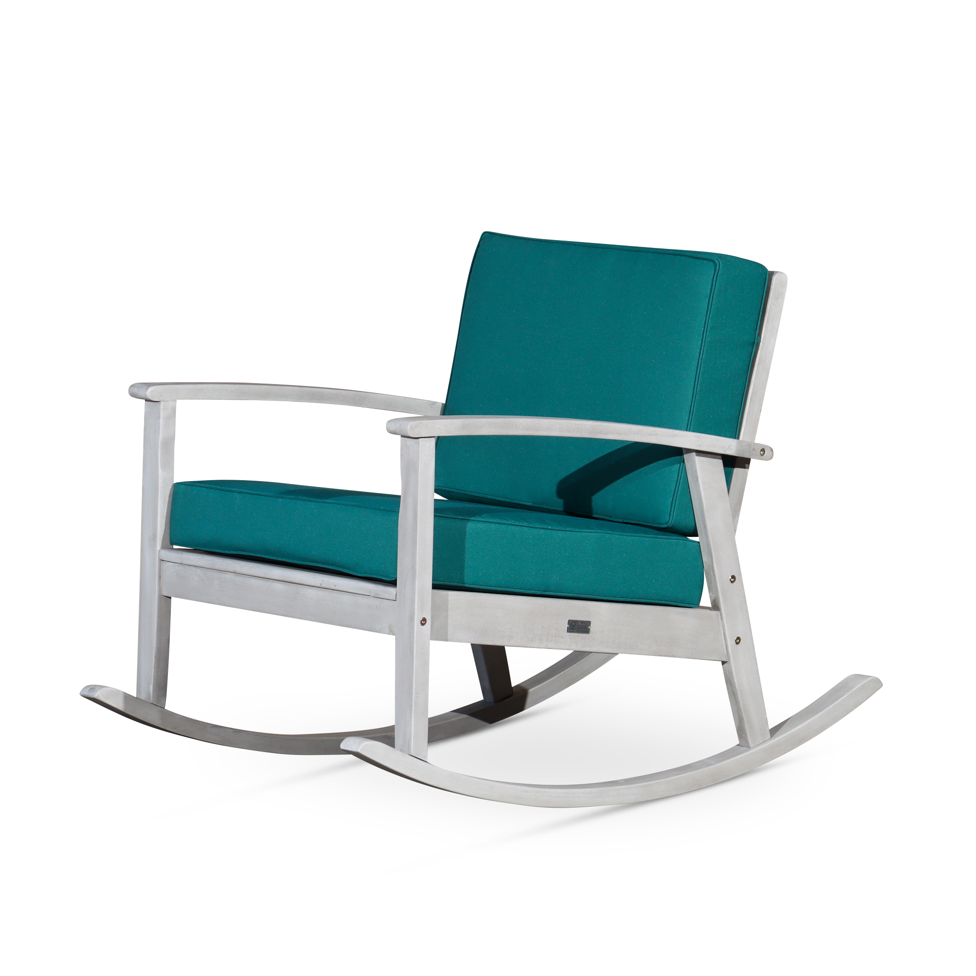 Eucalyptus Rocking Chair with Cushions, Silver Gray Finish, Dark Green Cushions