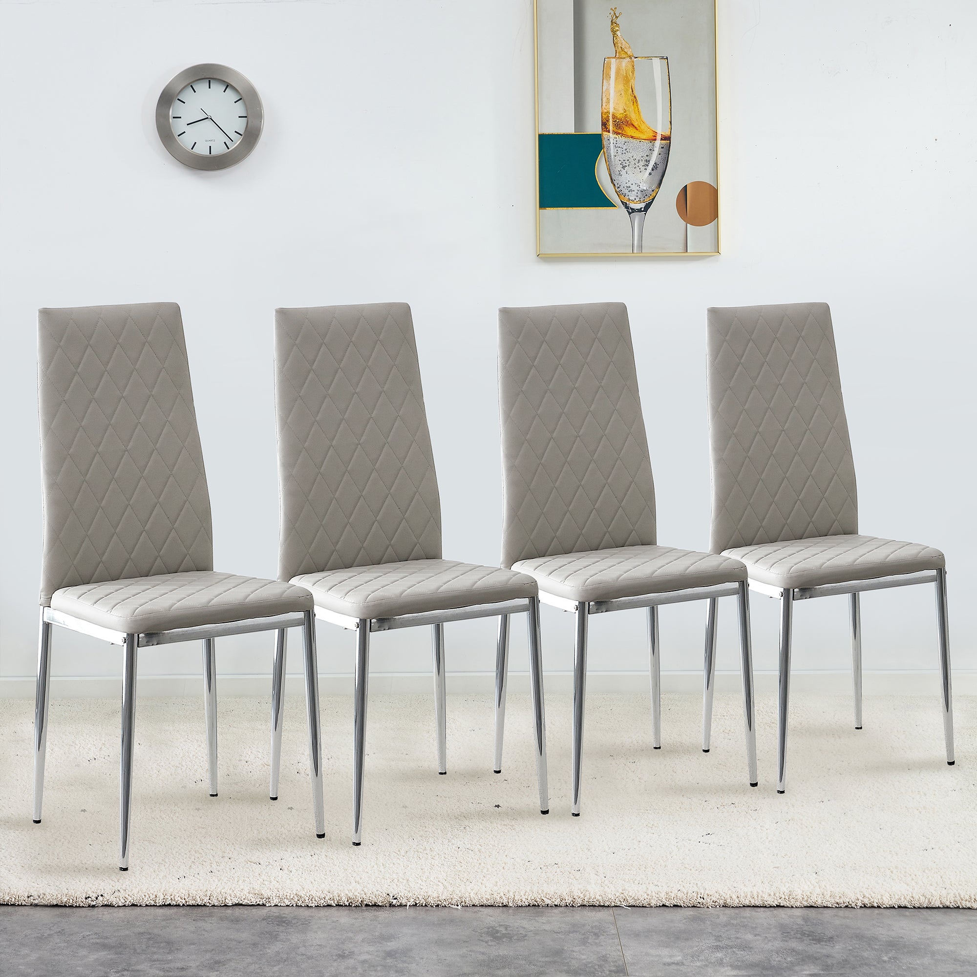 4-piece set of checkered armless high back dining chairs, office chairs. Suitable for restaurants, living rooms, kitchens, and offices. Light gray chairs and electroplated metal legs  0924