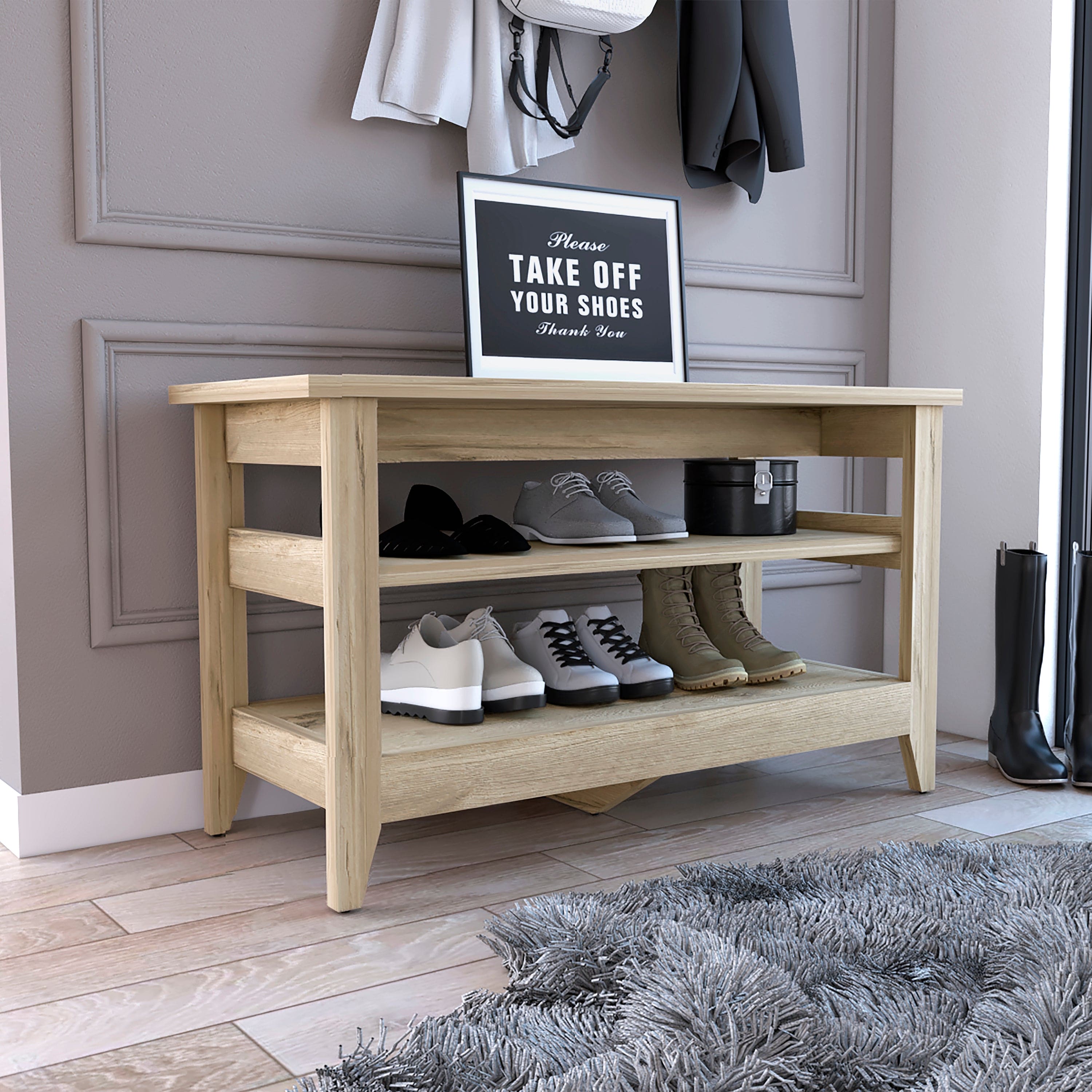 Storage Bench Susho, Upper and Lower Shelf, Light Oak Finish