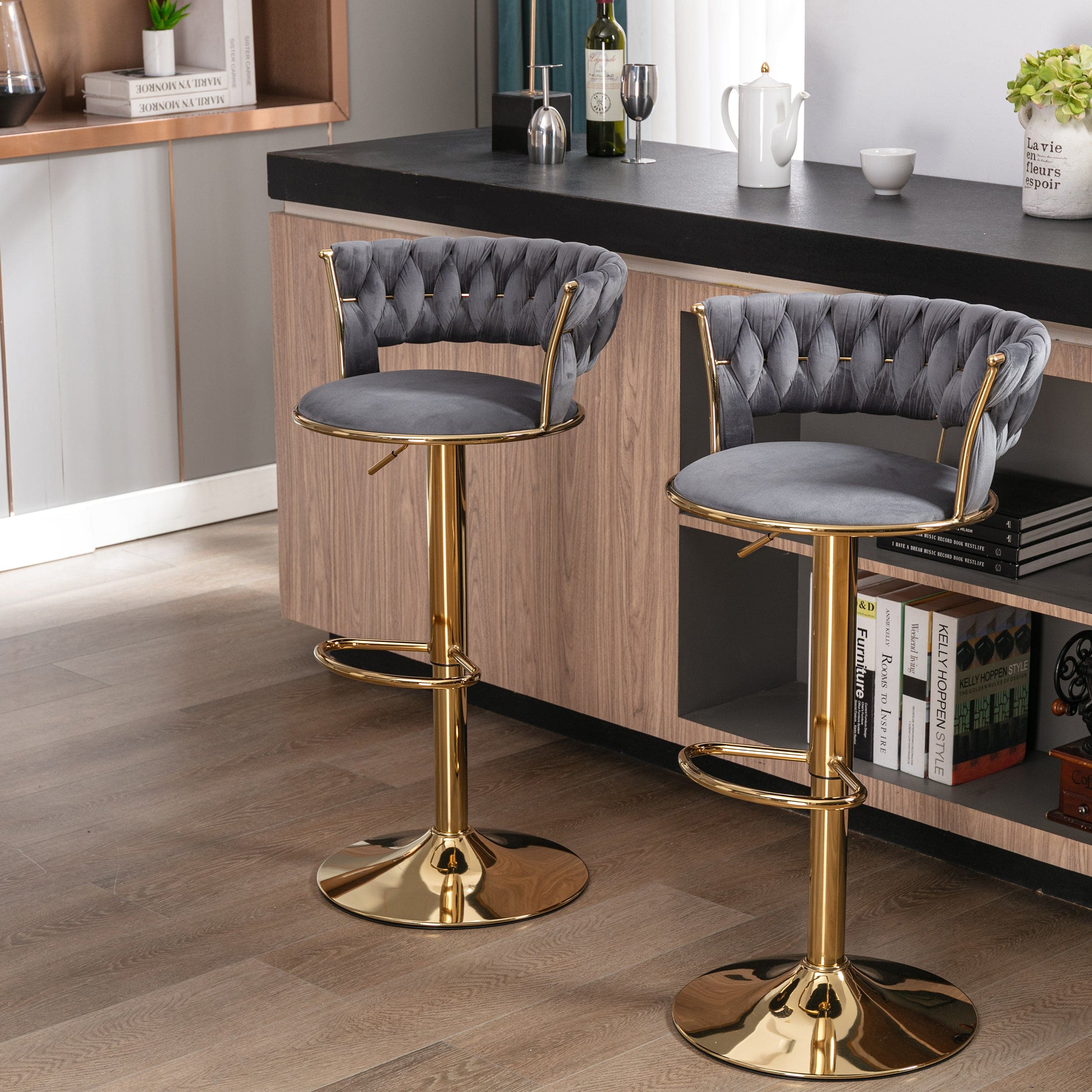 Set of 2  Bar Stools,with Chrome Footrest and Base Swivel Height Adjustable Mechanical Lifting Velvet + Golden Leg Simple Bar Stool-gray