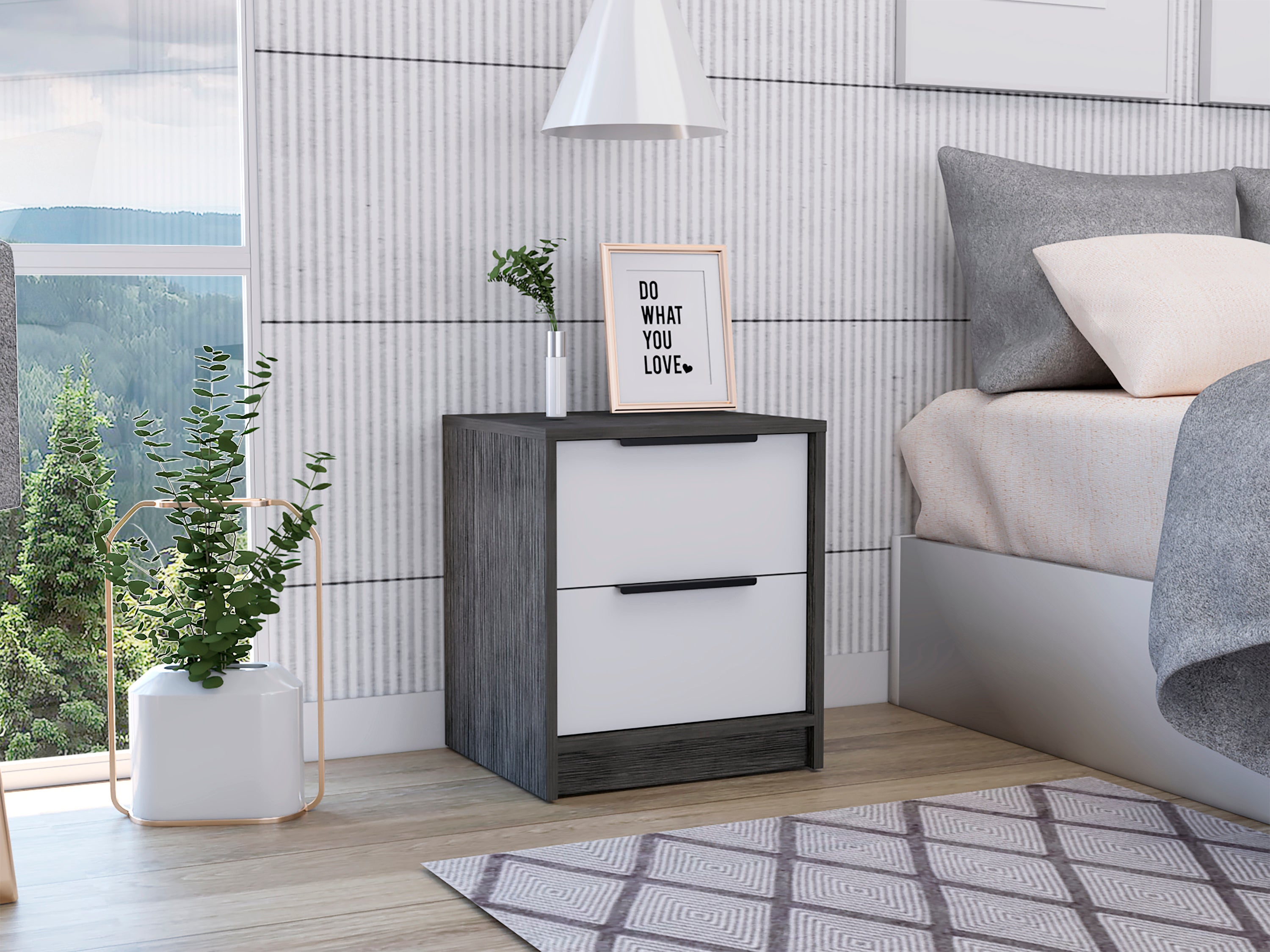 Kaia Nightstand, Two Drawers, Metal Handle -Smokey Oak / White