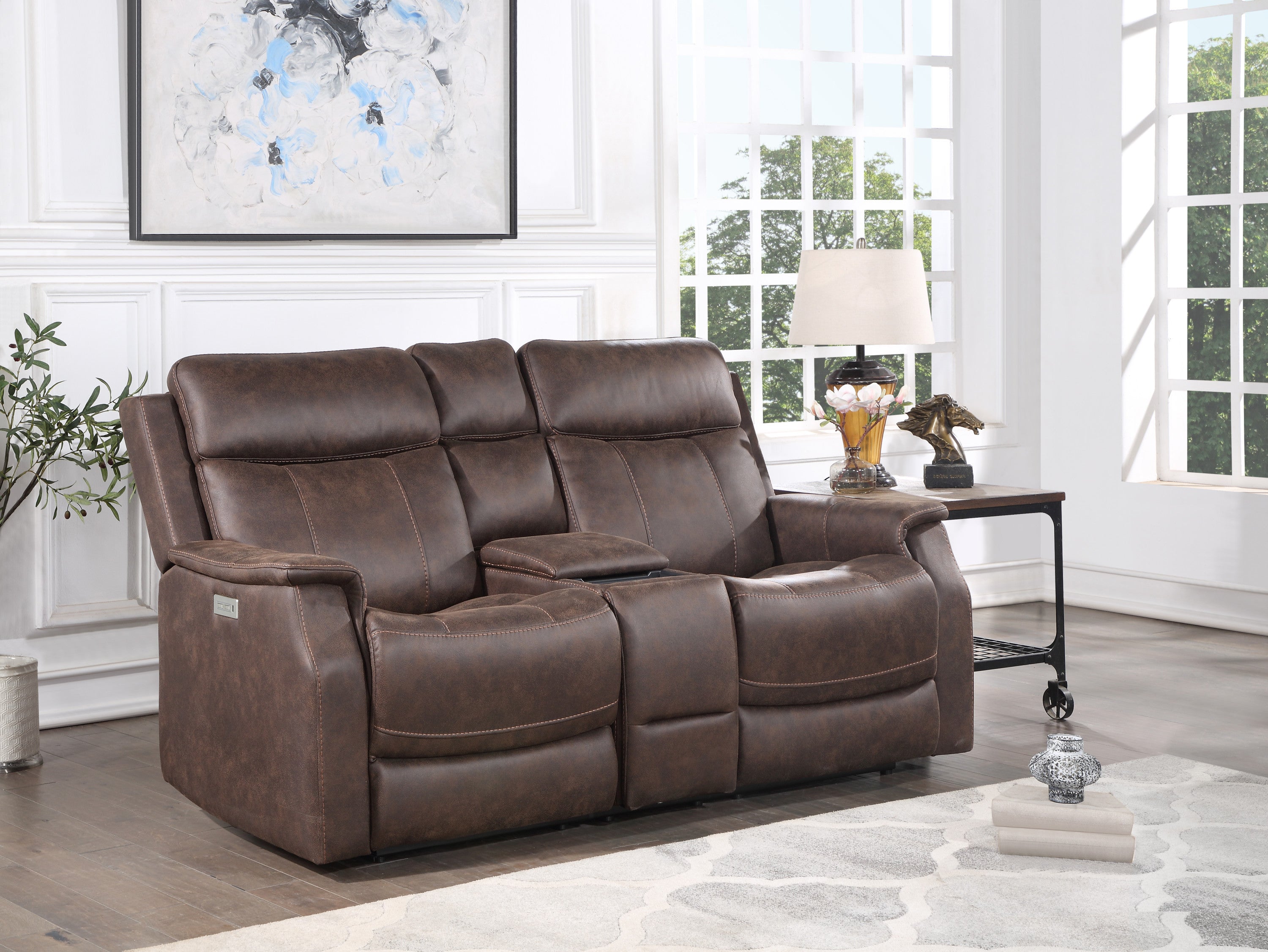 Tailored Power Console Loveseat - Nubuck-Like Leatherette, Power Headrest, Power Footrest - Contemporary Silhouette, Hidden Storage, USB Charging