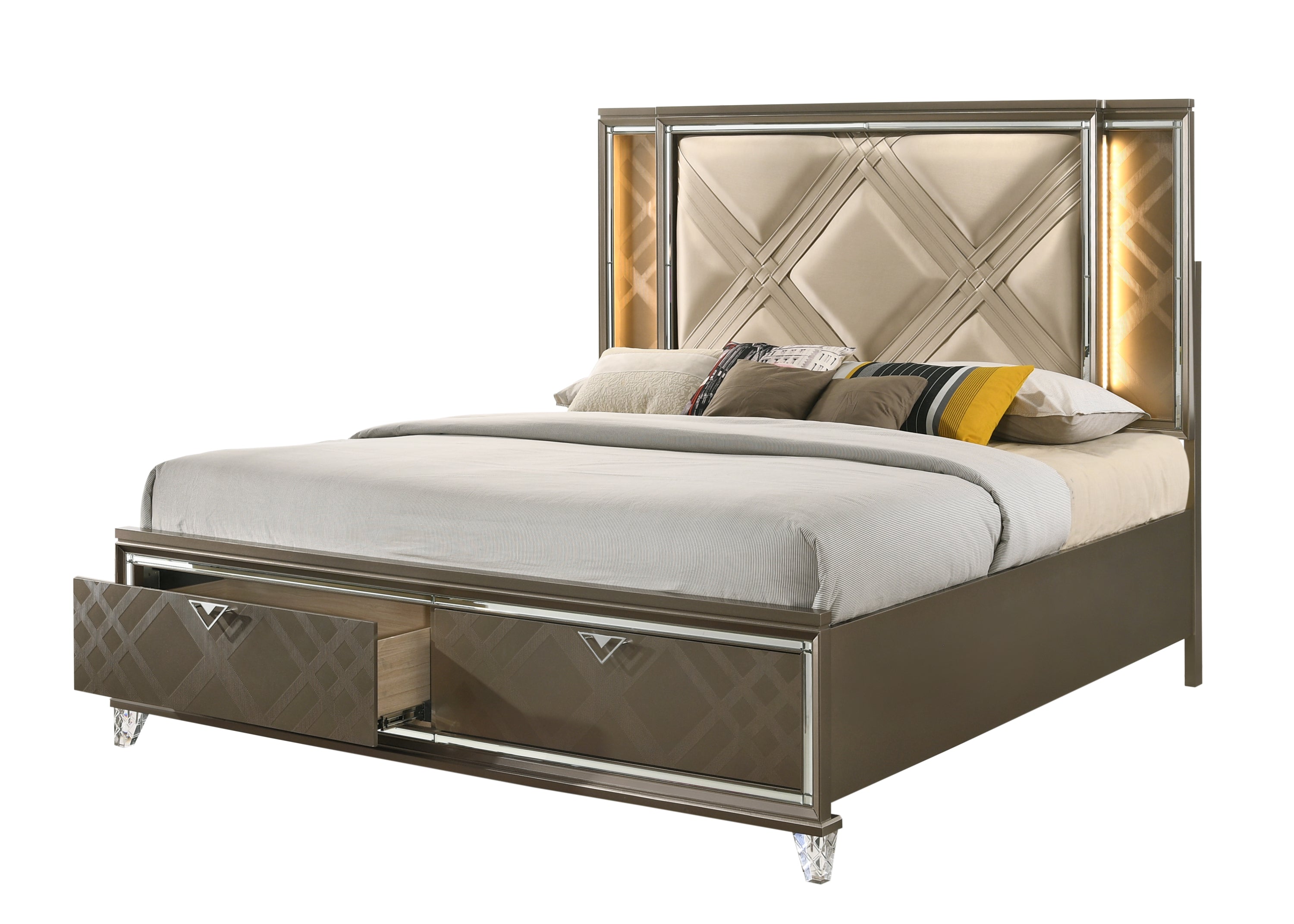 ACME Skylar Full Bed w/Storage, LED, PU & Dark Champagne 25335F