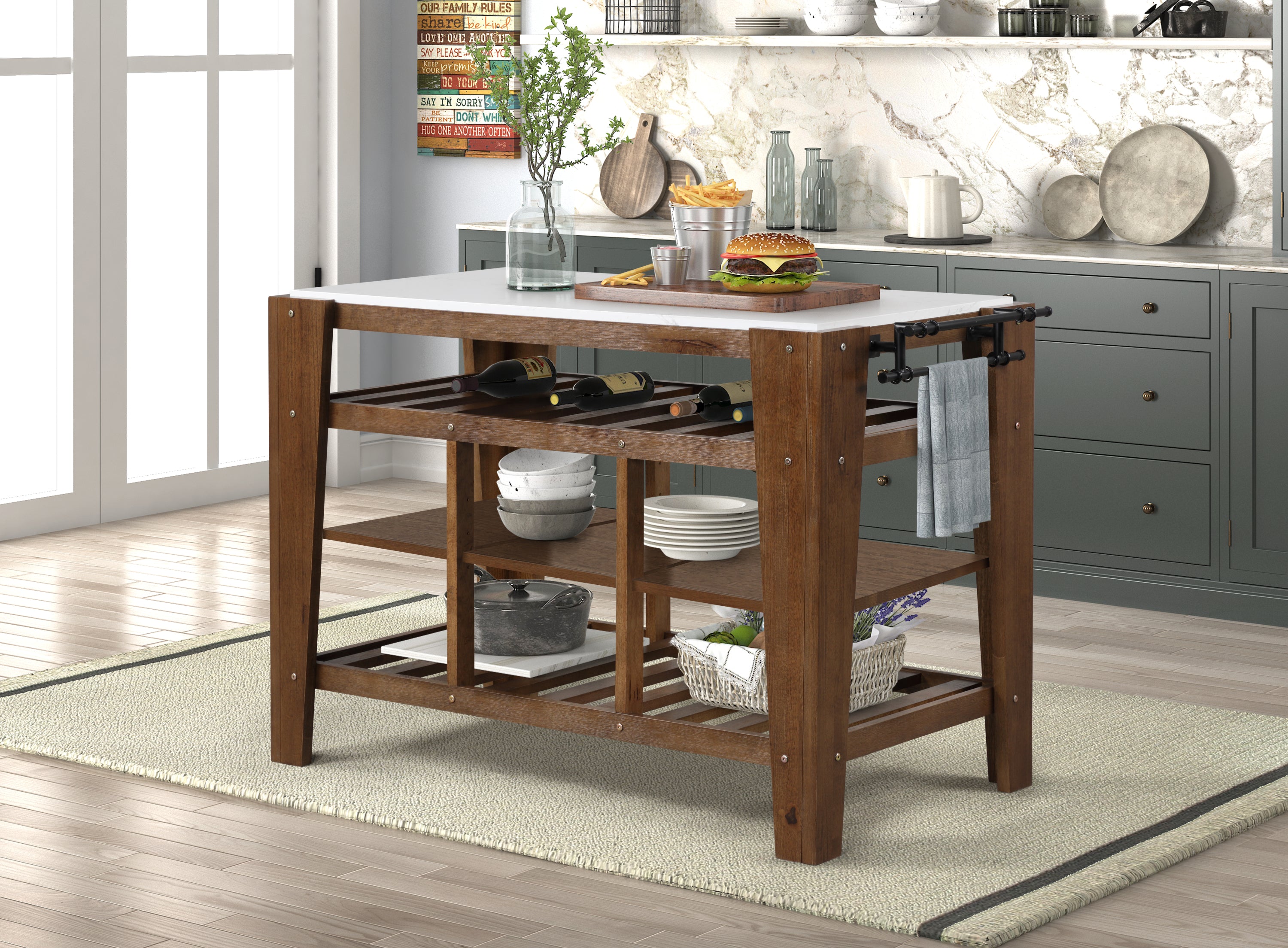 ACME Alaroa Kitchen Island  in Marble & Rustic Brown Finish AC00396