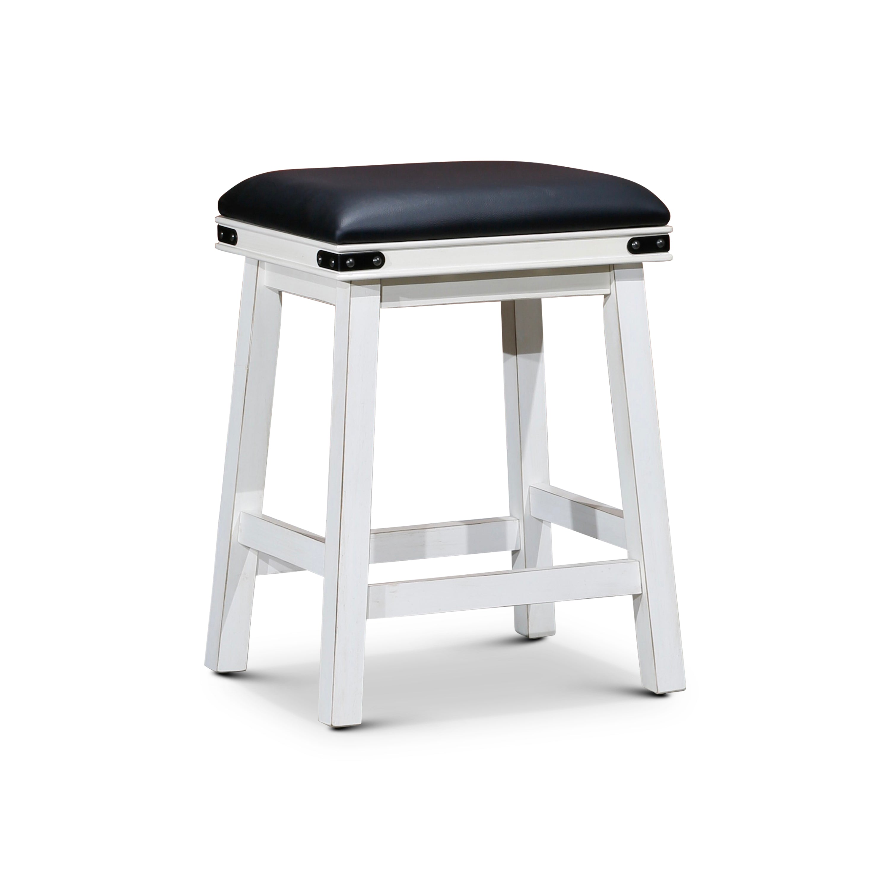 24" Counter Stool, Antique White Finish, Black Leather Seat