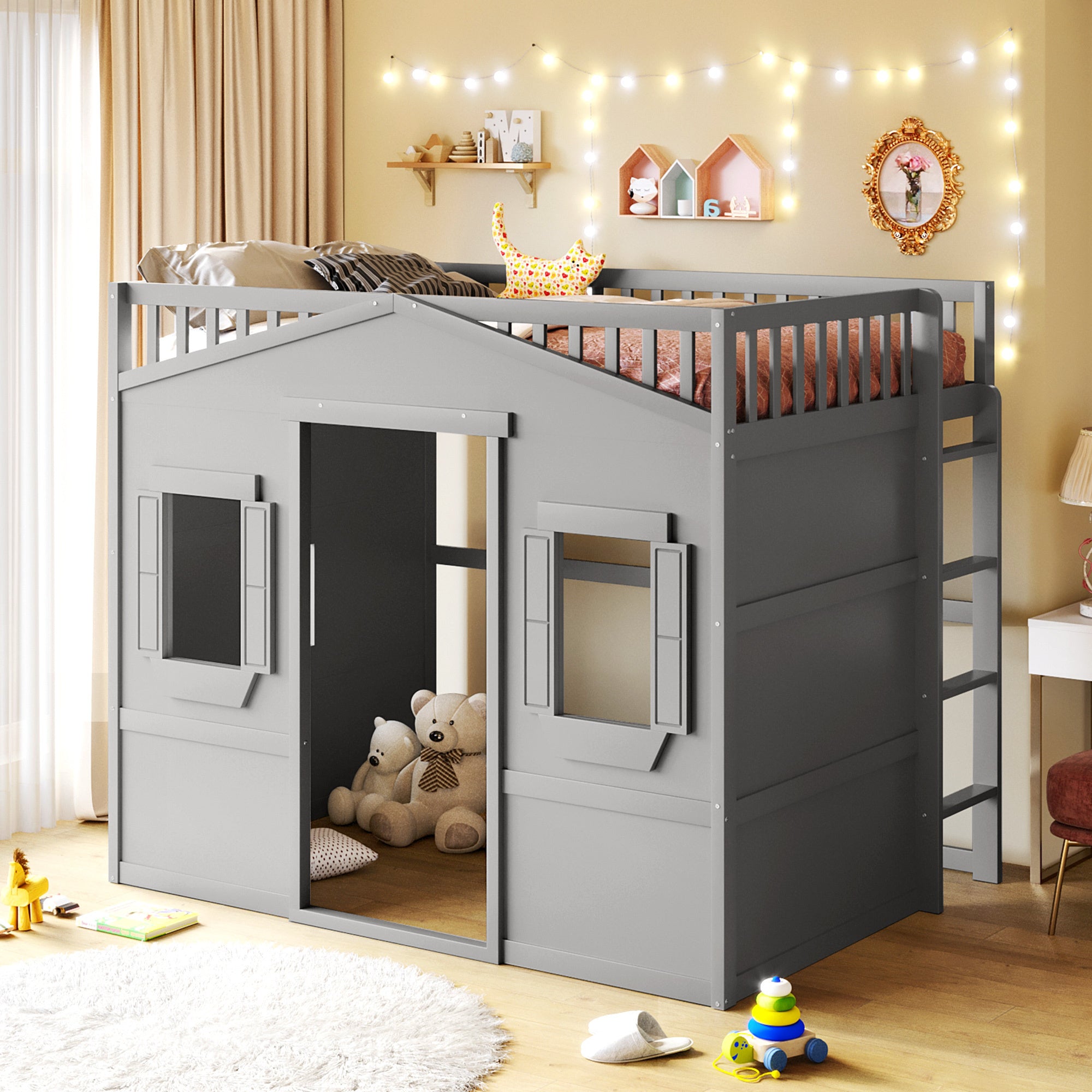 Full Size House Loft Bed With Ladder-Gray