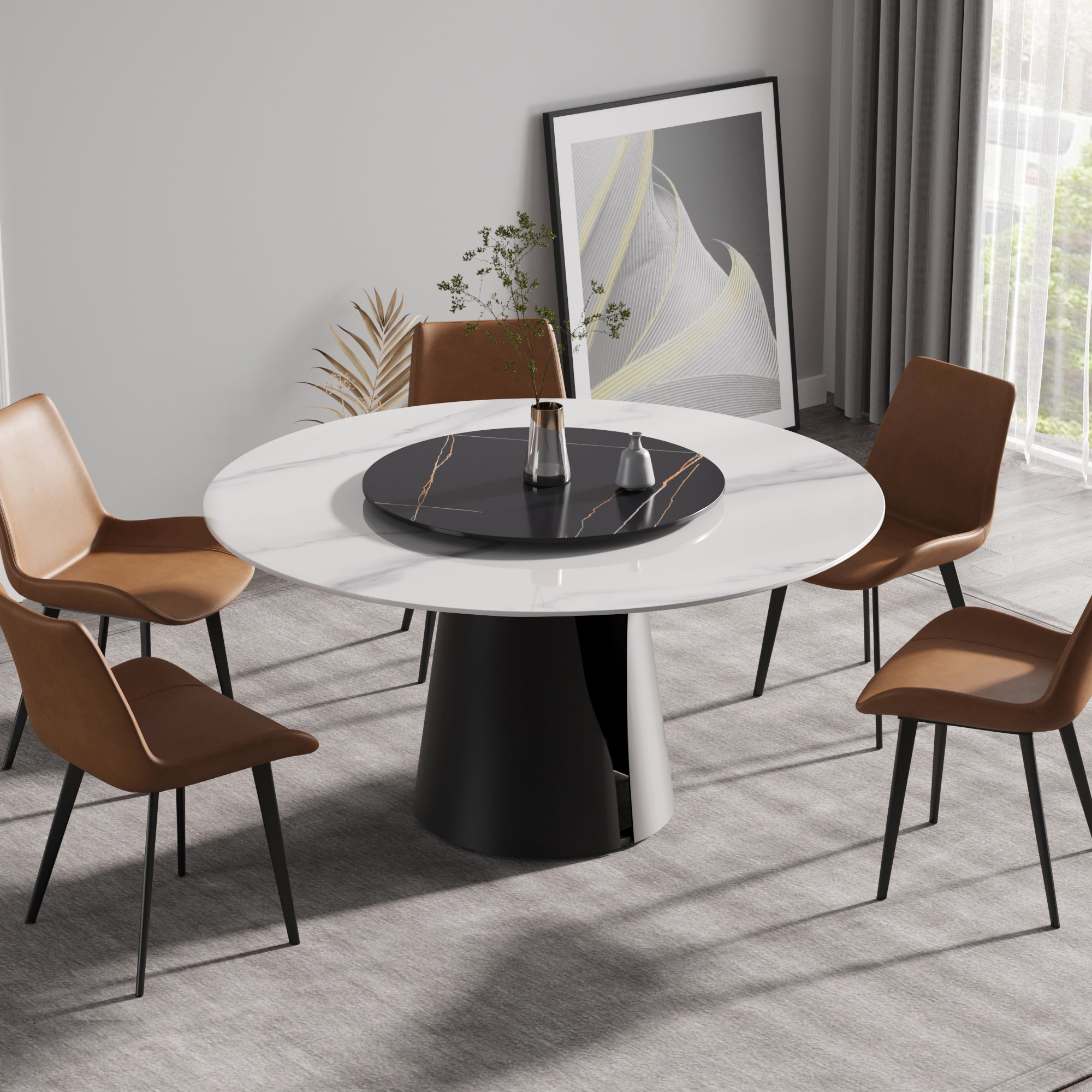 59.05"Modern artificial stone round black carbon steel base dining table-can accommodate 6 people-31.5"black artificial stone turntable