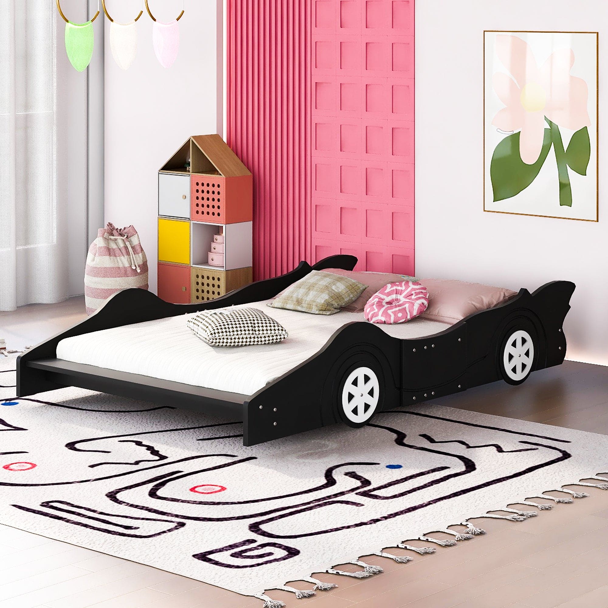 Full Size Race Car-Shaped Platform Bed with Wheels,Black