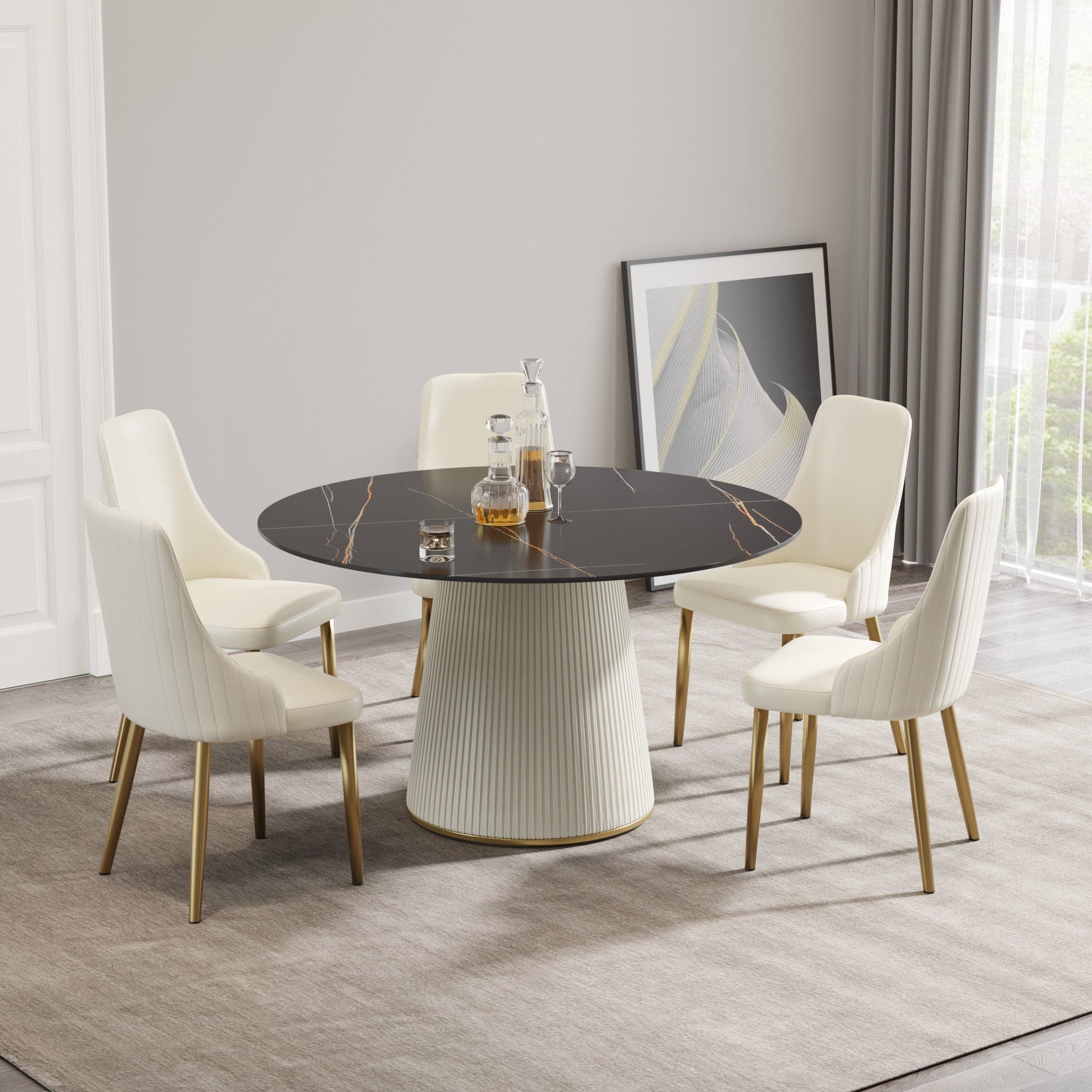 53.15 "Modern black artificial stone round beige plywood PU base dining table-can accommodate 6 people. (Not including chairs. )