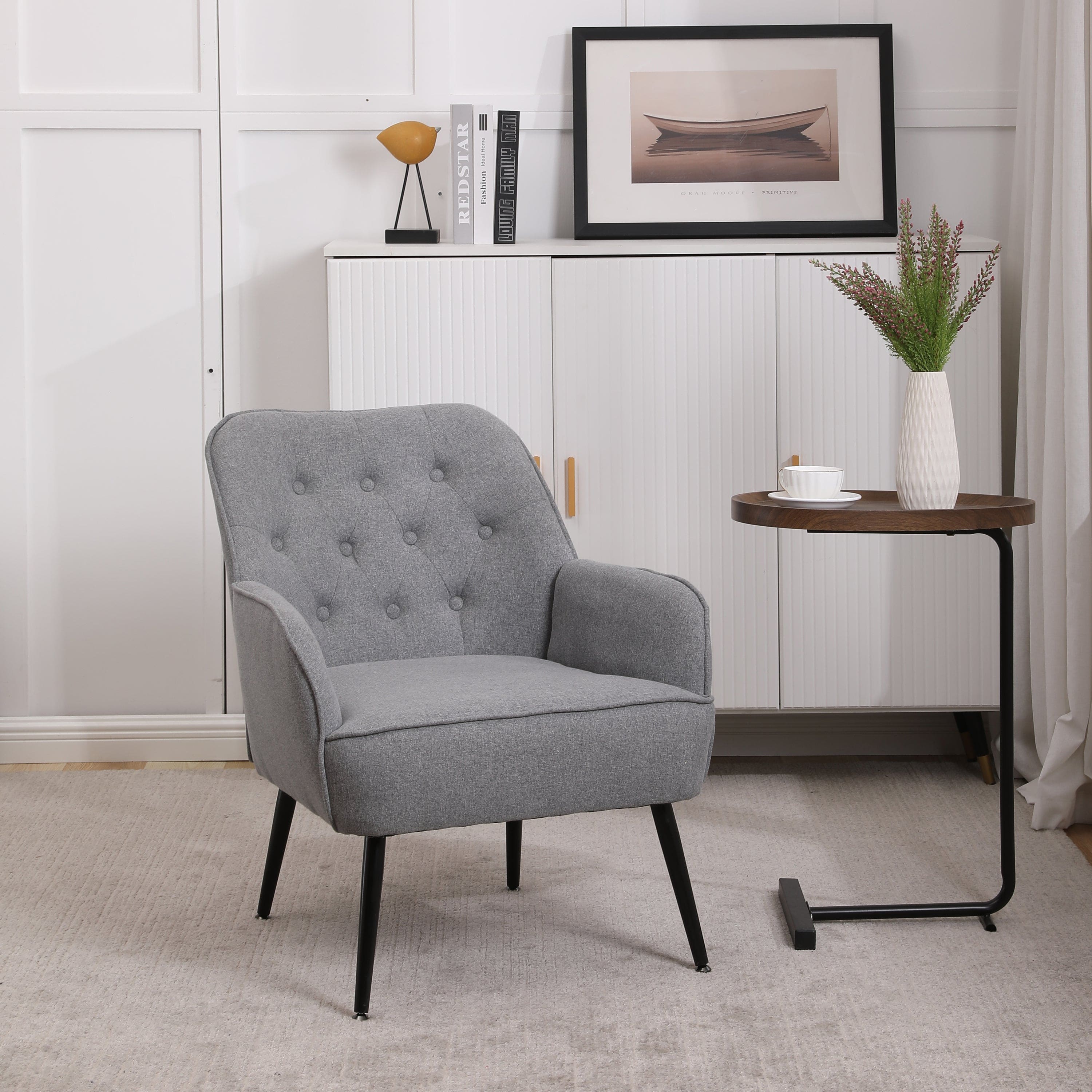 Modern Mid Century Chair velvet  Sherpa Armchair for Living Room Bedroom Office Easy Assemble(Light Grey)