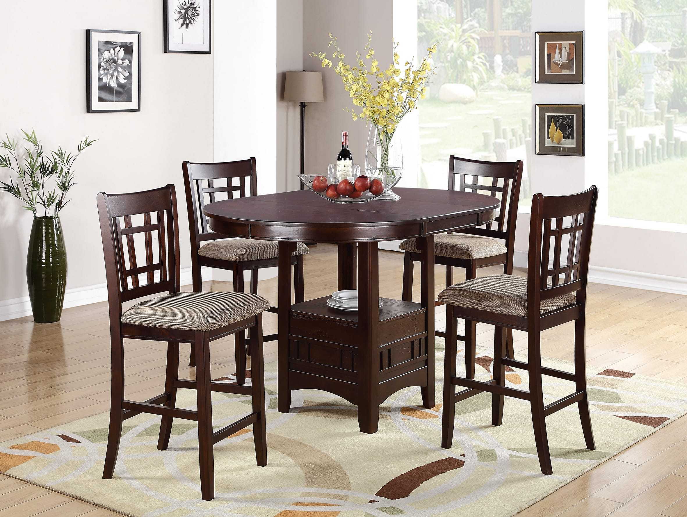 Contemporary Dining Room Counter height 5pc Dining Set Round Table w Leaf & 4x Side Chairs Dark Rosy Brown Finish Solid wood