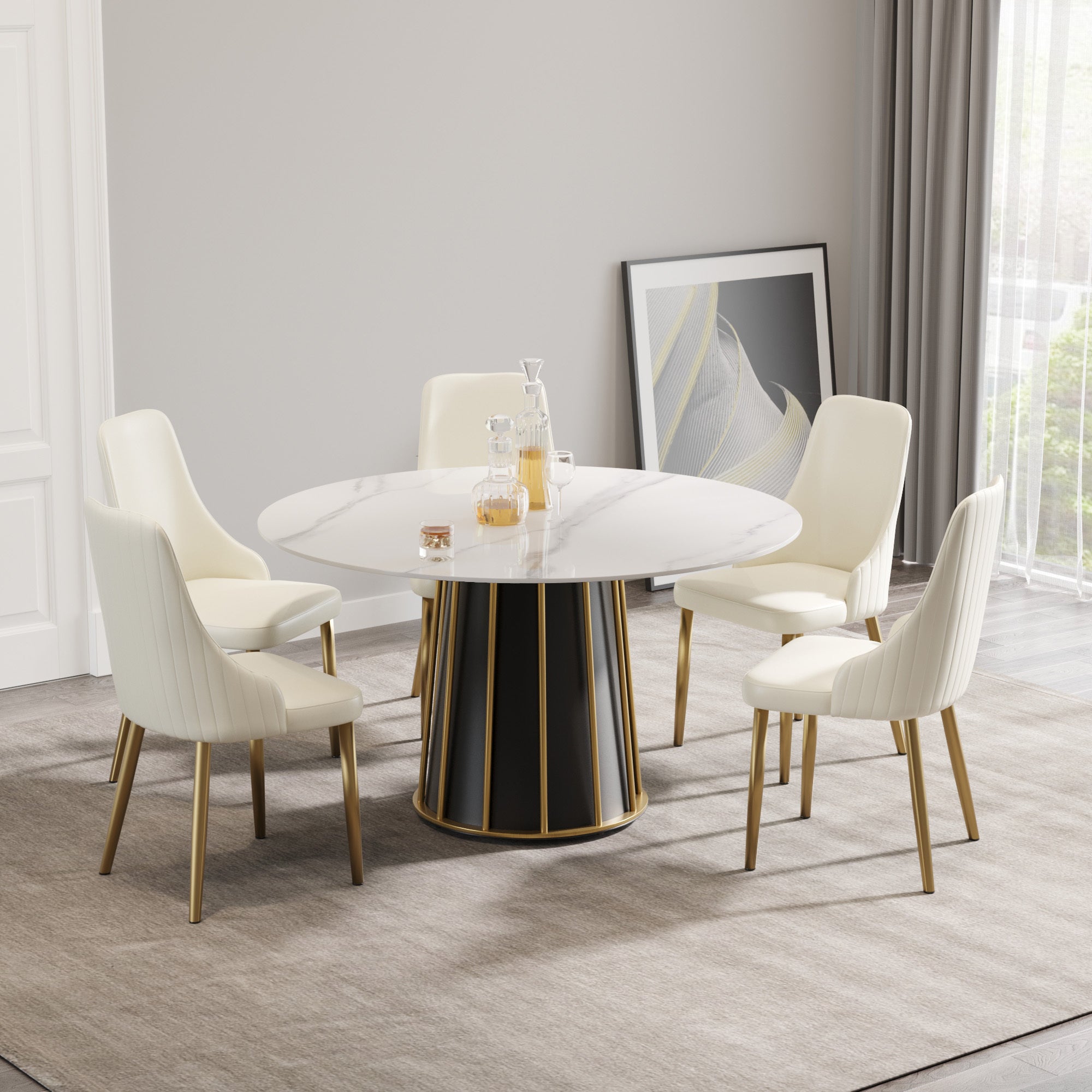 53.15"modern artificial stone round white panel metal iron base dining table-can accommodate 6 people.(Not including chairs)