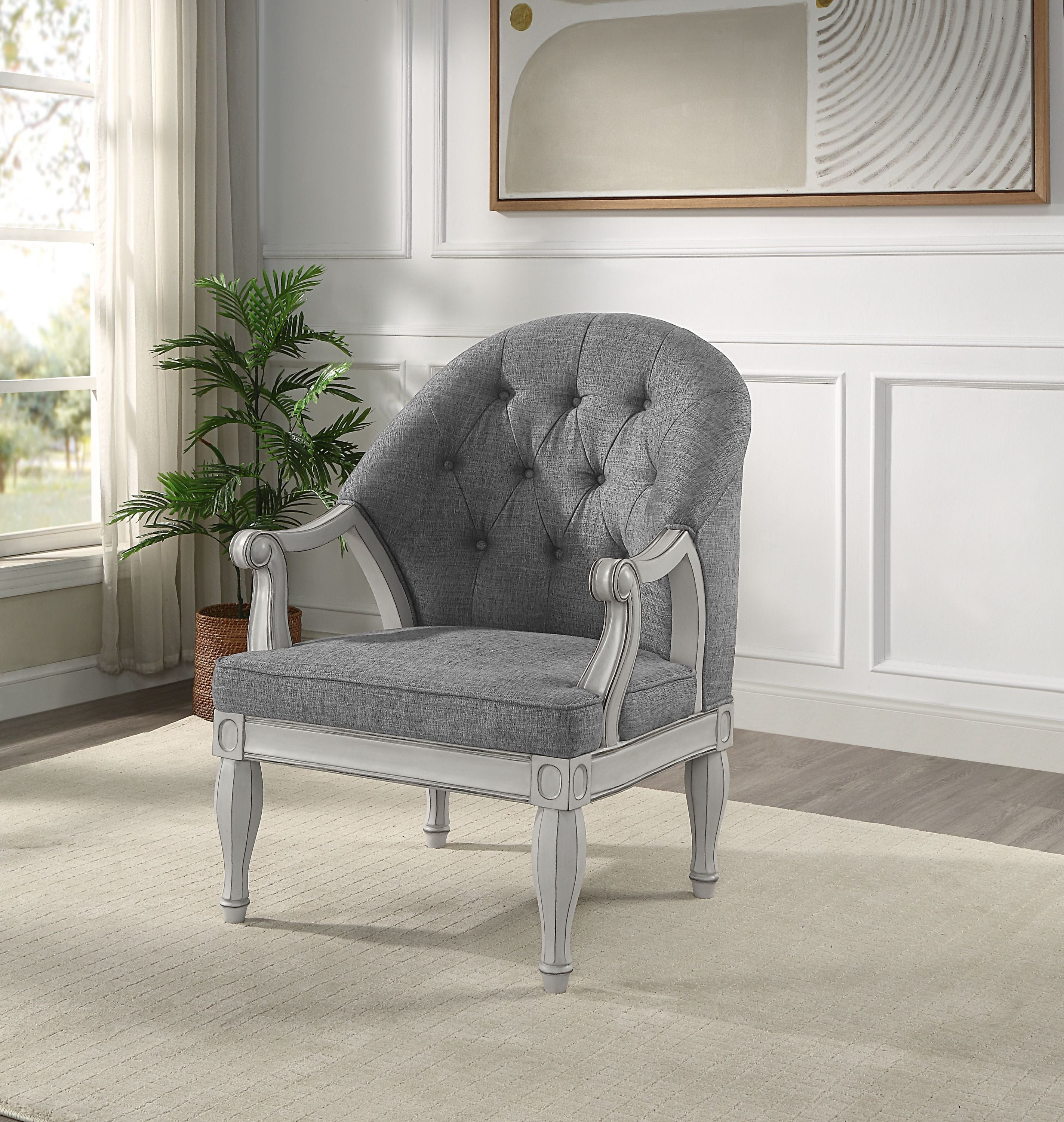 ACME Florian Chair, Gray Fabric & Antique White Finish LV02121