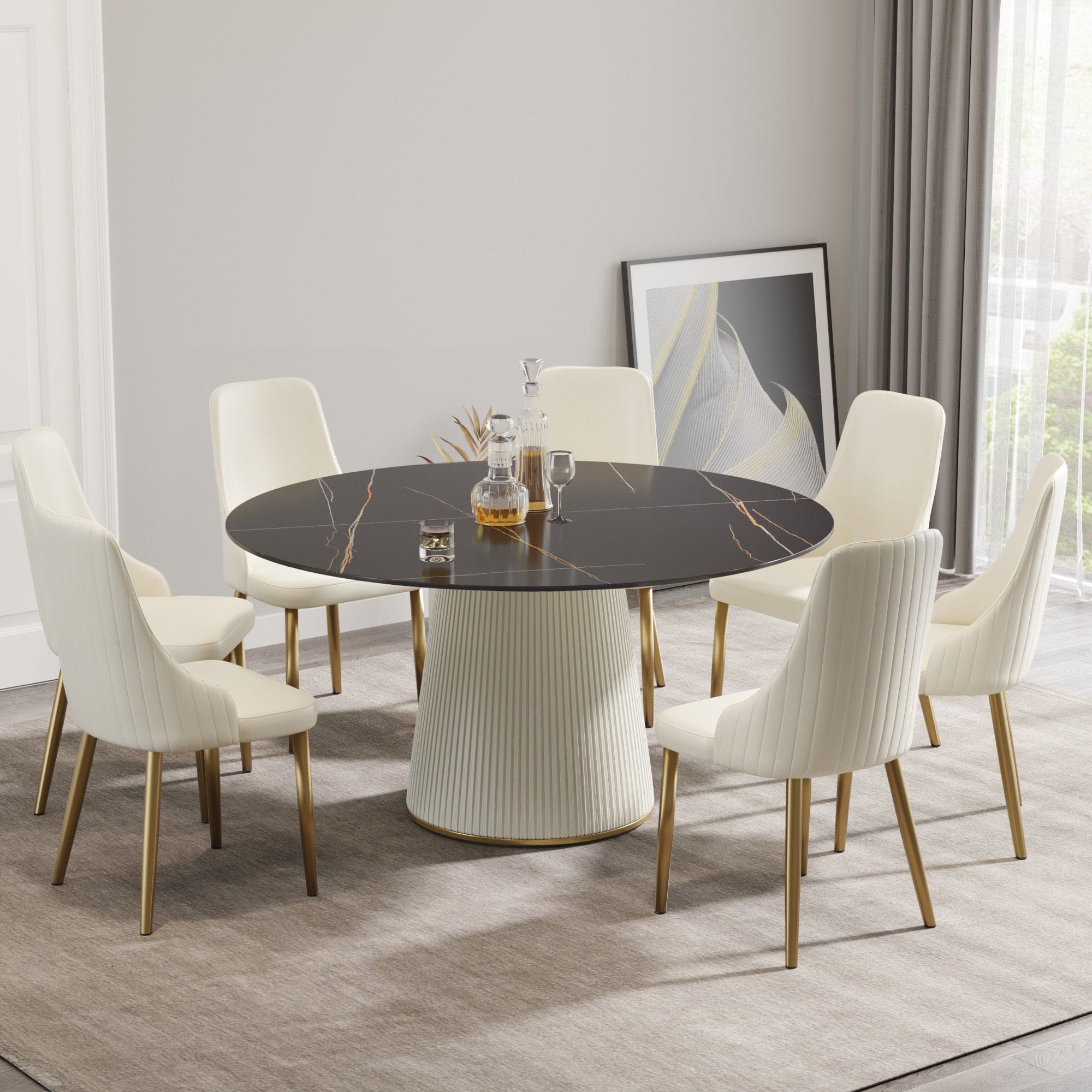 59.05 "Modern black artificial stone round beige plywood PU base dining table-can accommodate 8 people. (Not including chairs. )