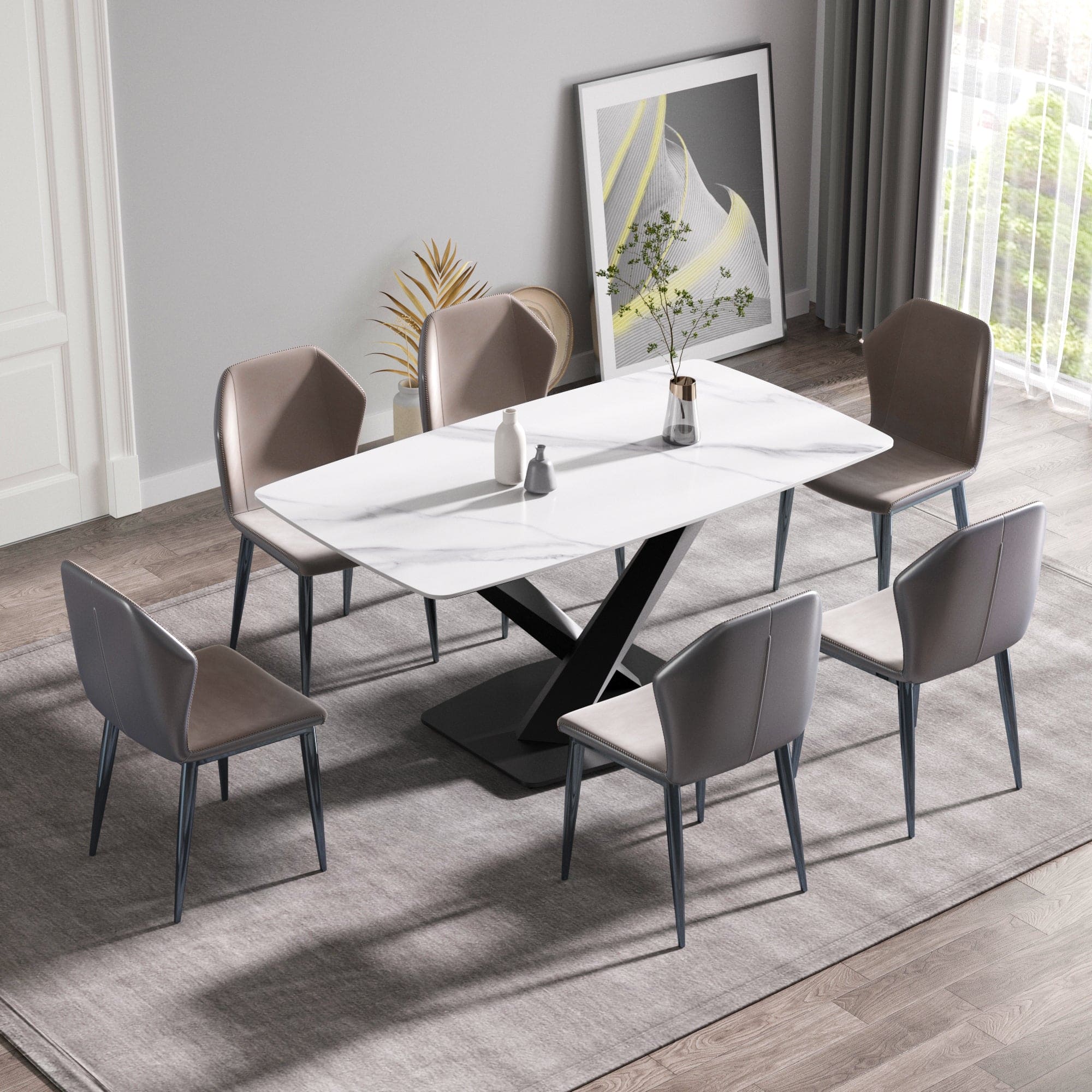 63"Modern artificial stone white curved black metal leg dining table -6 people