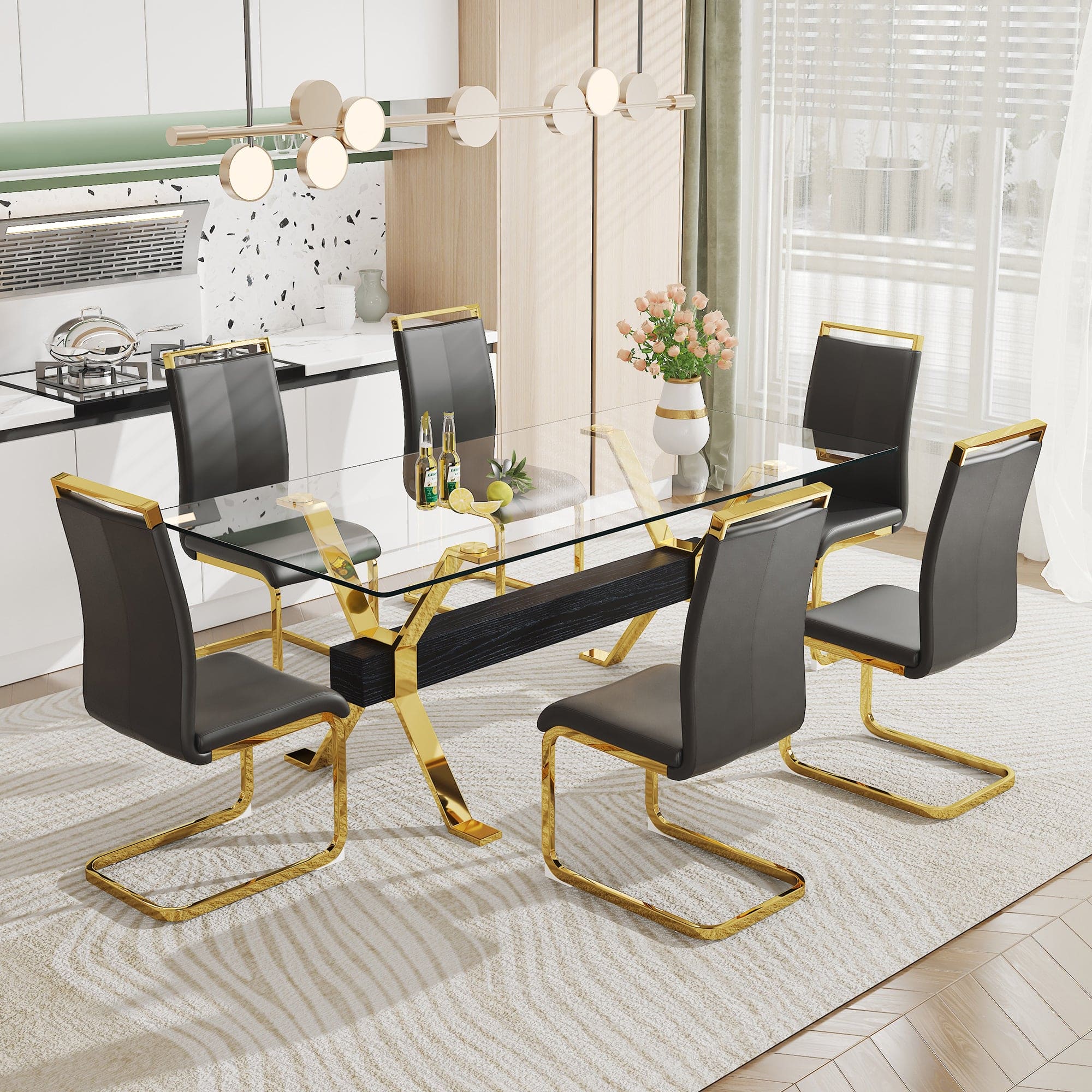 1 table and 6 chairs. Modern simple luxury tempered glass rectangular dining table and desk with 6 black PU gold plated leg chairs 79''x39''x30''