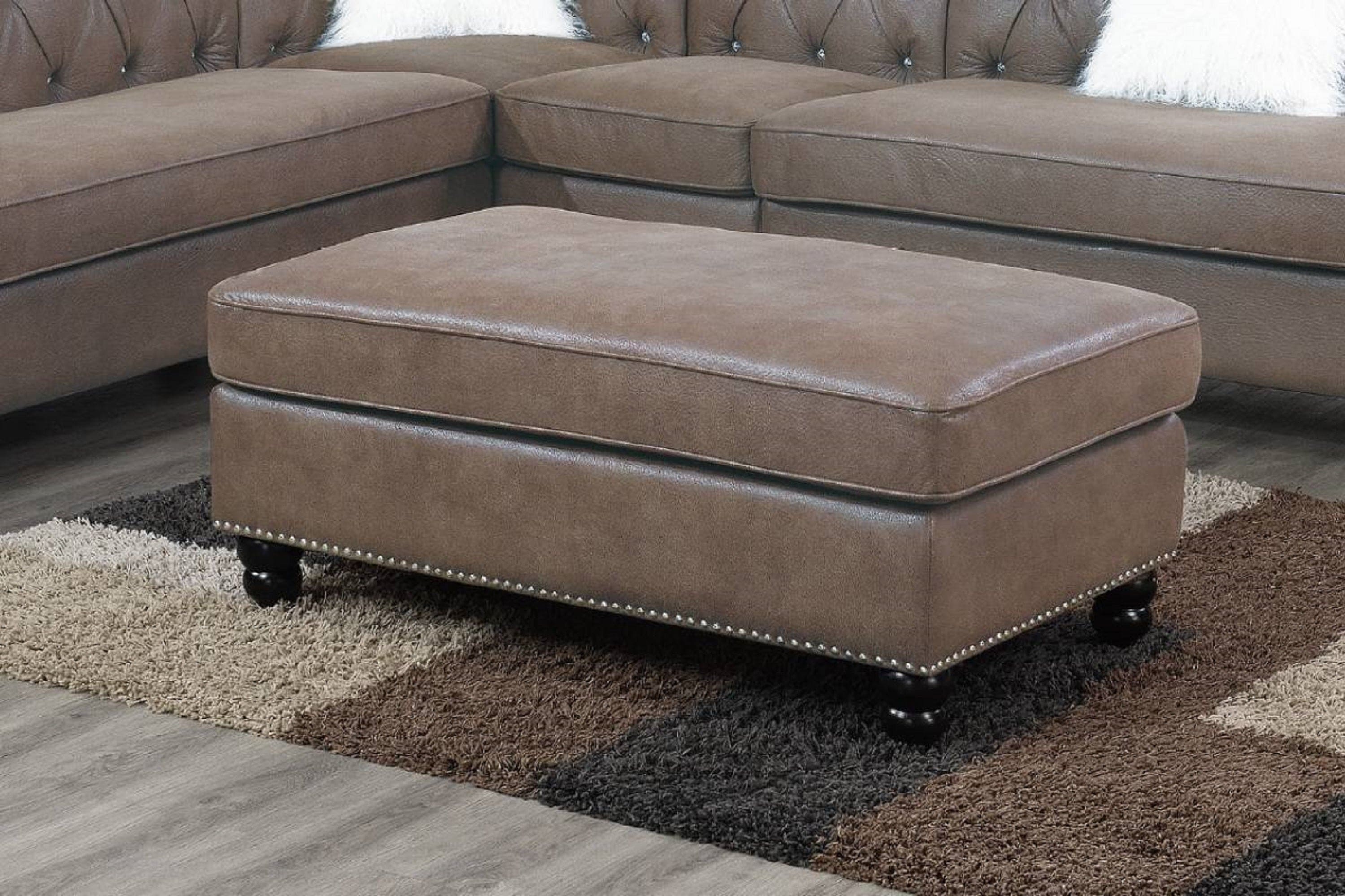 Living Room XL- Cocktail Ottoman Dark Coffee Leatherette Accent Studding Trim Wooden Legs