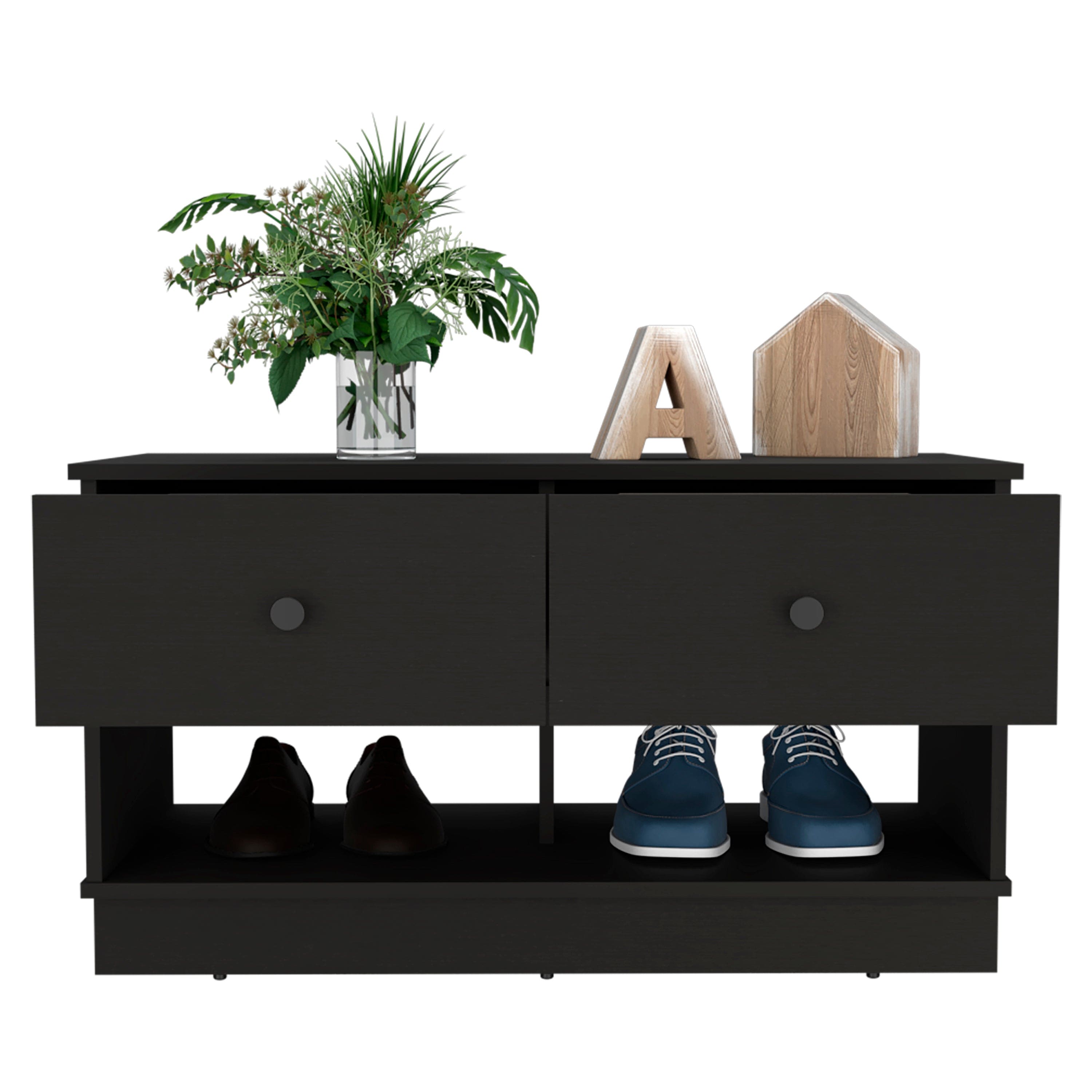 Storage Bench Beji, Lower Shelf, Two Drawers, Black Wengue Finish