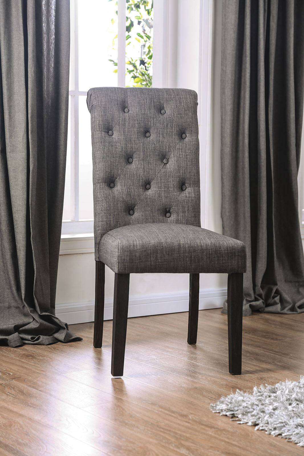 Classic Antique Black / Gray Set of 2 Side Chairs Button Tufted Linen Like Fabric Solid wood Chair Upholstered Scroll Back Kitchen Rustic Dining Room Furniture