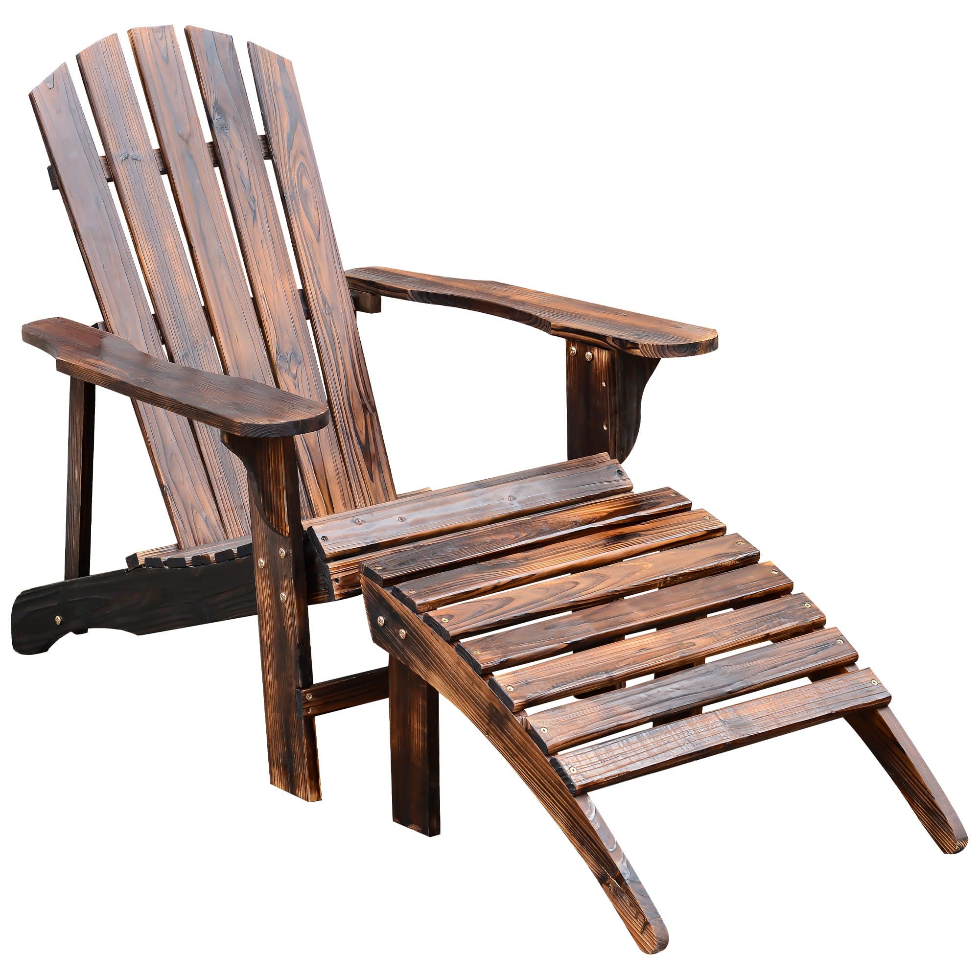 Outsunny Wooden Adirondack Chair Outdoor Patio Lounge Chair w/ Ottoman - Rustic Brown