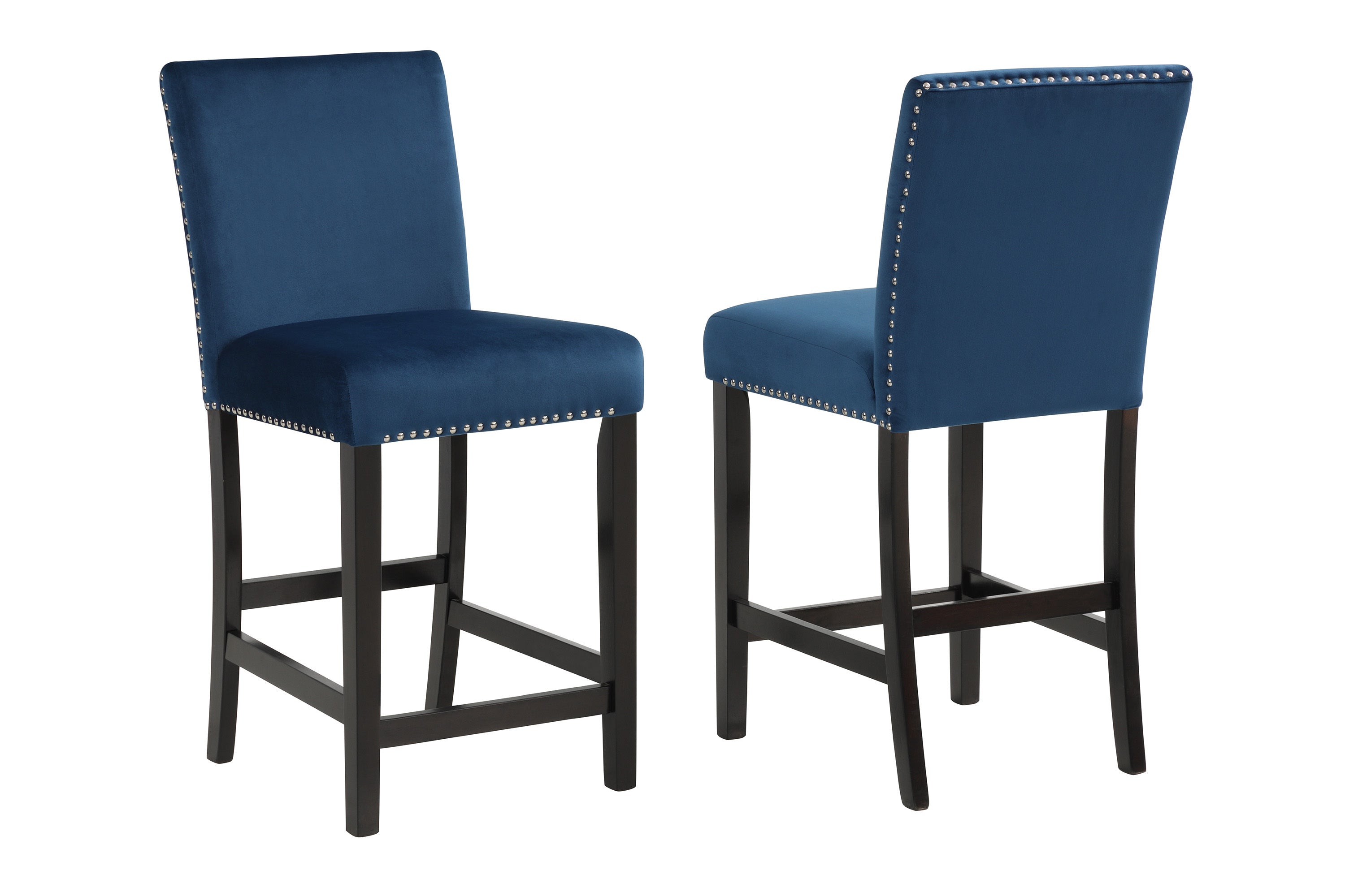 2pc Contemporary Modern Transitional Counter Height Side Chair with Nailhead Trim Royal Blue Upholstery Fabric Black Base Wooden Furniture