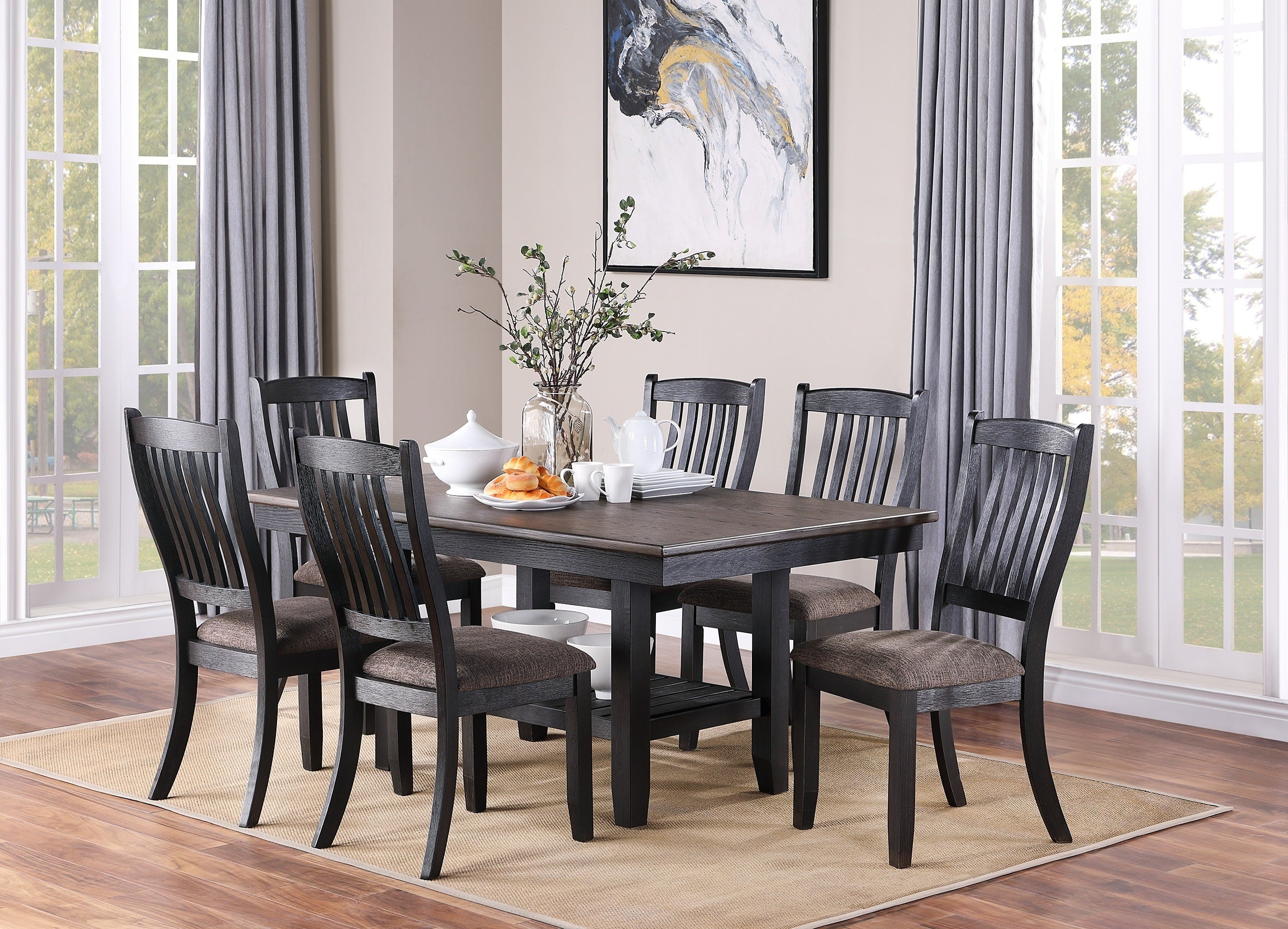 Transitional Dining Room 7pc Set Dark Coffee Rubberwood Dining Table w Shelf and 6x Side Chairs Fabric Upholstered seats Unique Back Chairs