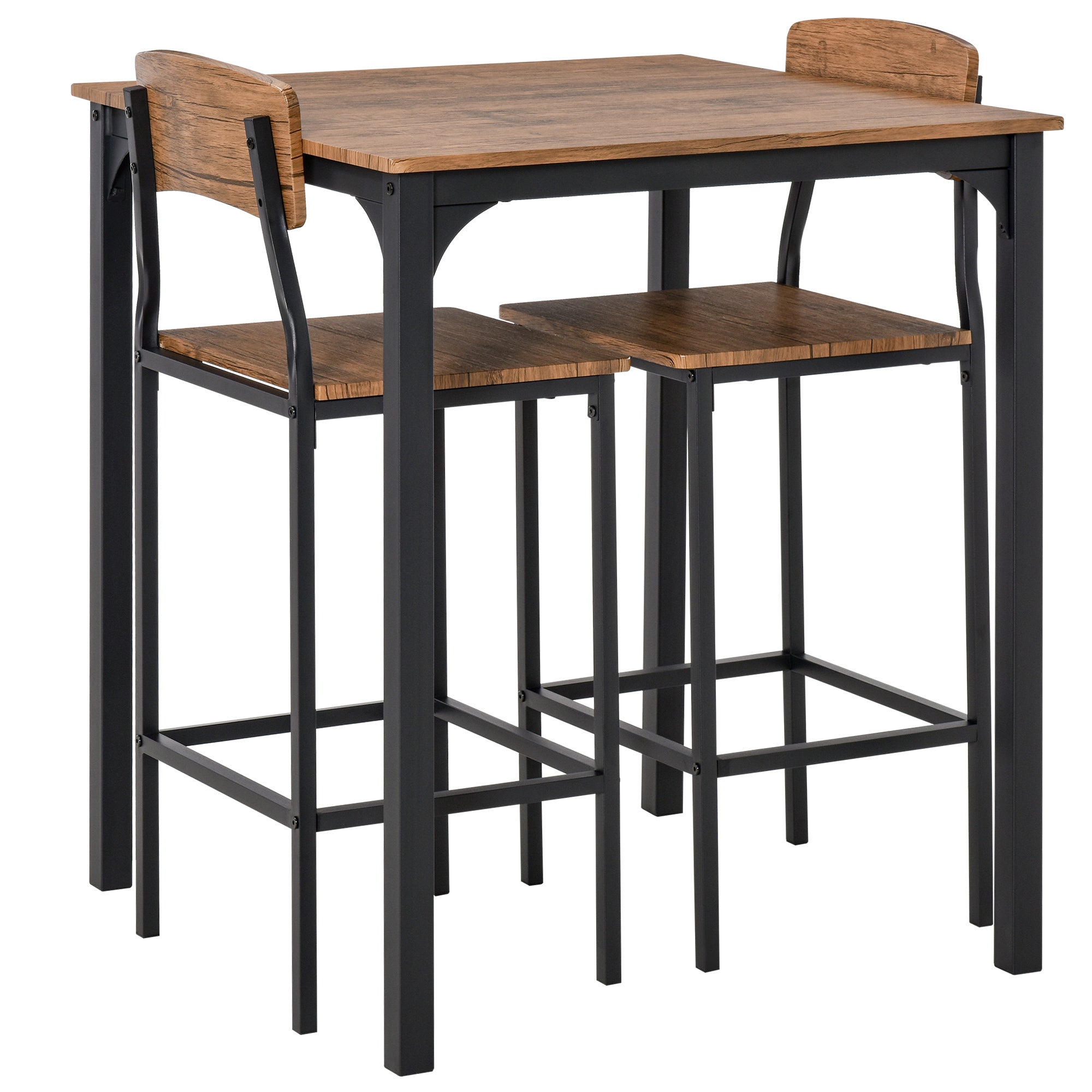 HOMCOM 3 Piece Bar Table Set, Industrial Counter Height Dining Table Set, Bar Table & Chairs with Steel Legs & Footrests, Black