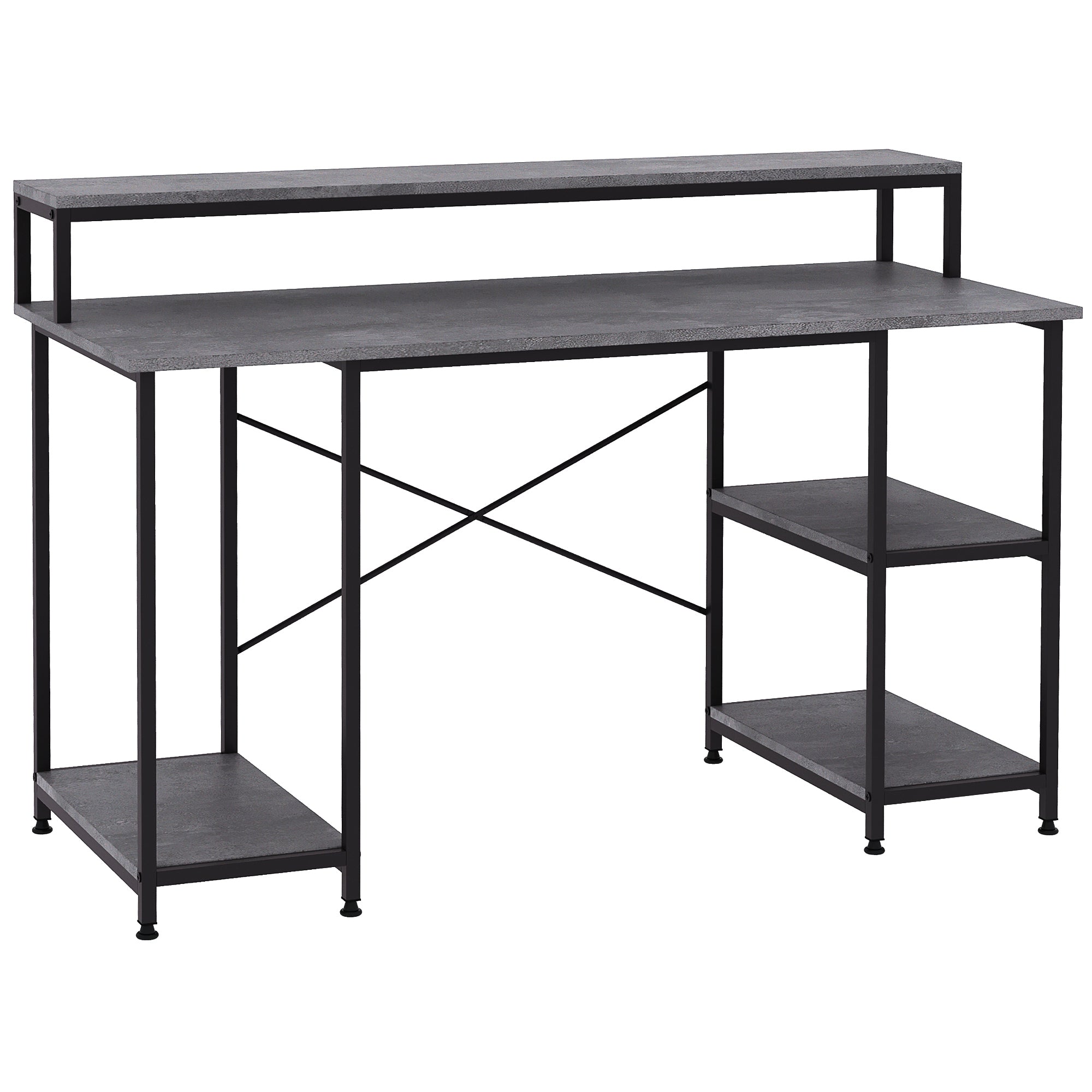 HOMCOM 55 Inch Home Office Computer Desk Study Writing Workstation with Storage Shelves, Elevated Monitor Shelf, CPU Stand, Durable X-Shaped Construction, Grey Wood Grain