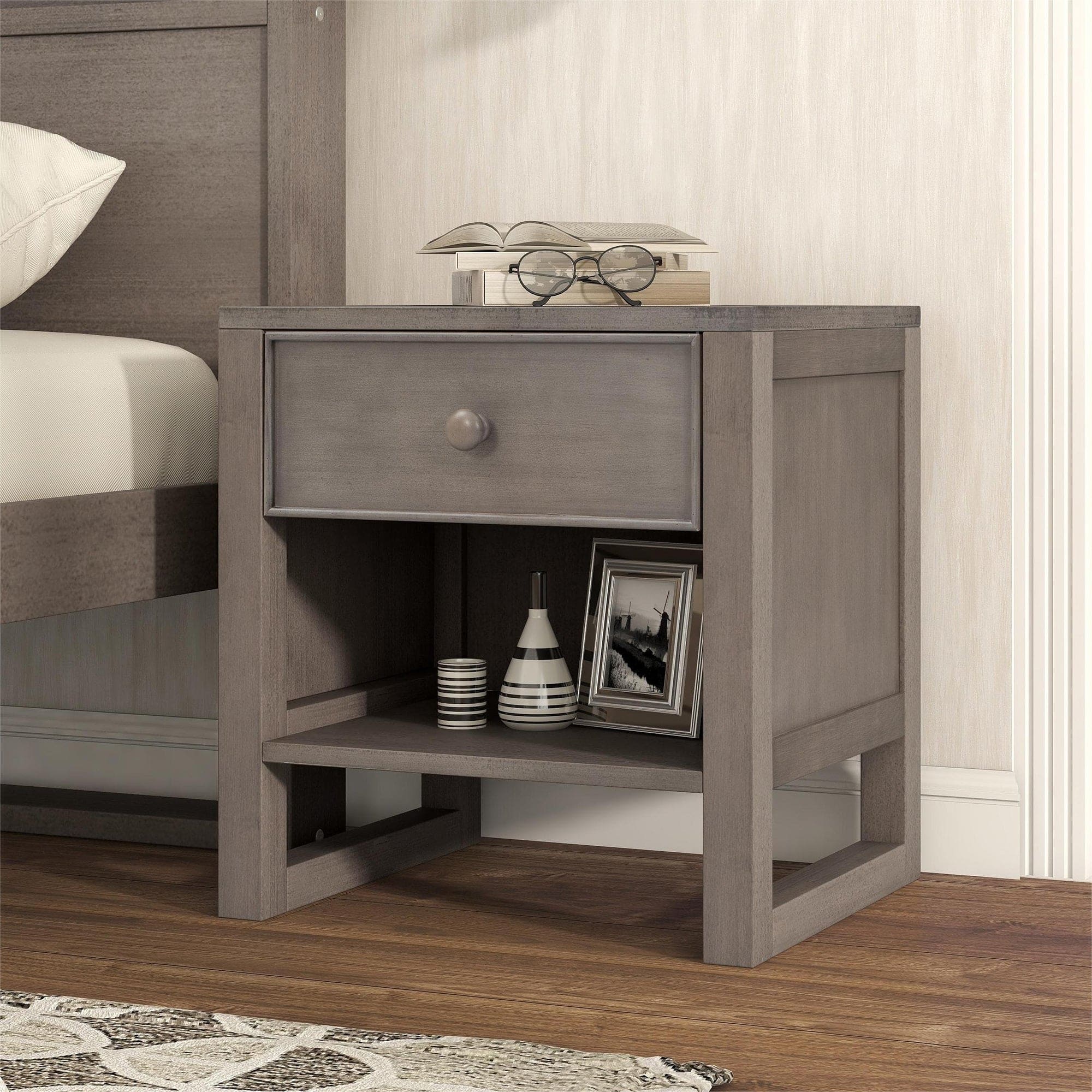 Wooden Nightstand with a Drawer and an Open Storage,End Table for Bedroom,Anitque Gray