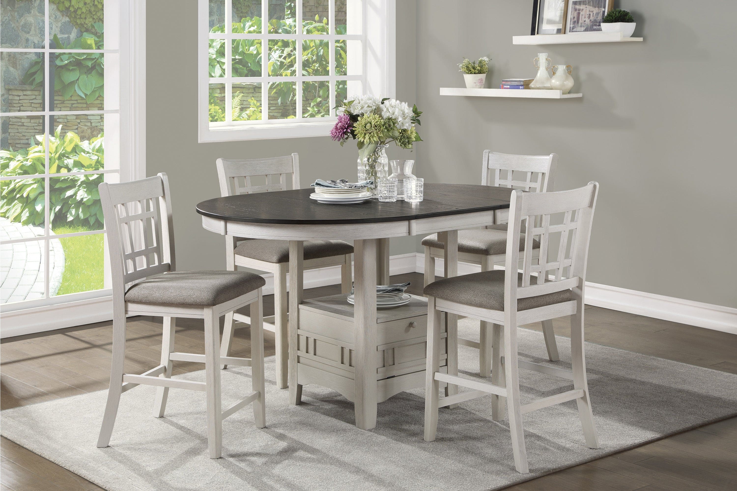 Traditional Design Antique White Finish Counter Height Dining Set 5pc Table w Extension Leaf and 4 Counter Height Chairs