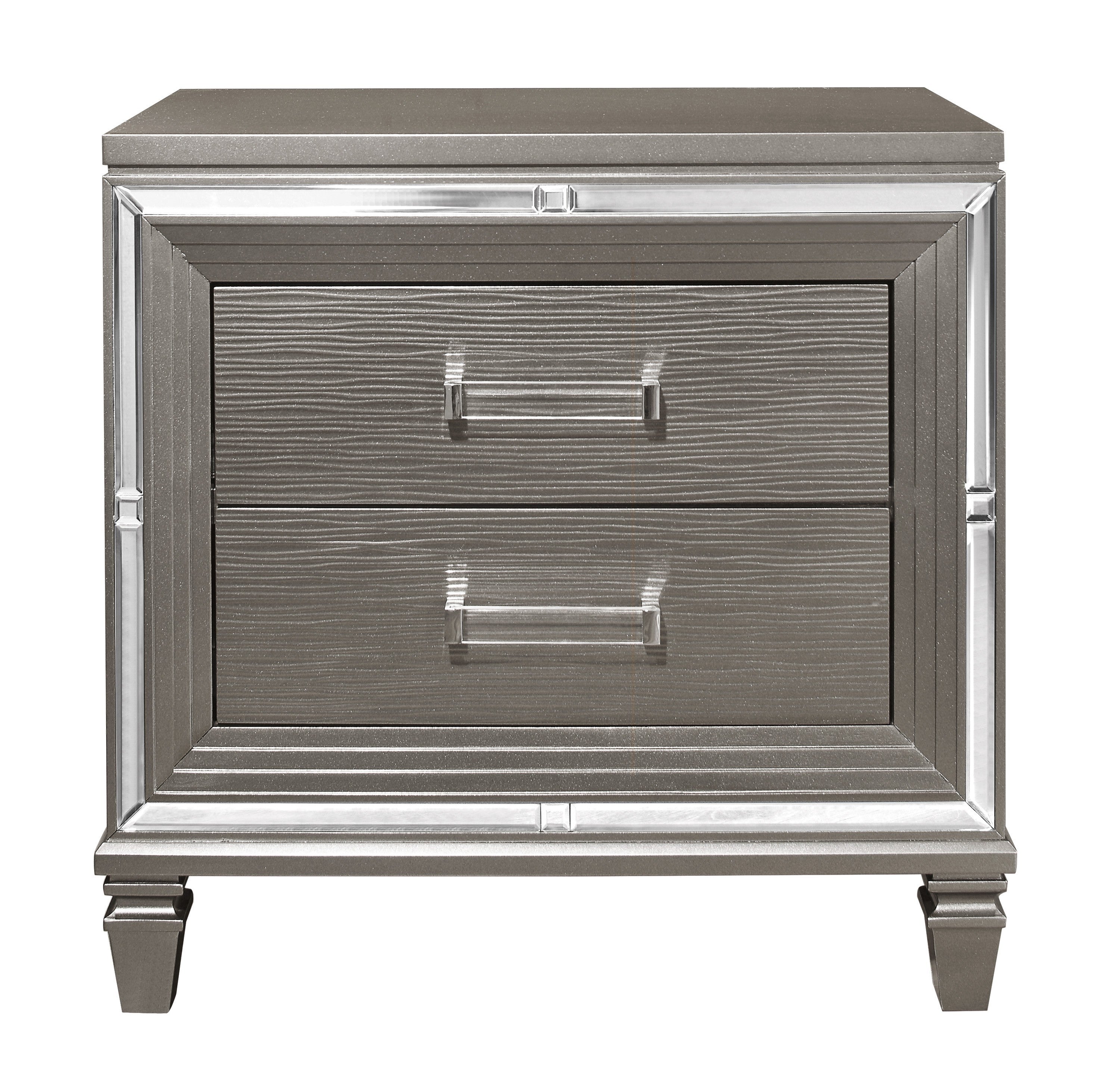 Elegant Style Silver-Gray Metallic Finish Nightstand Beveled Mirror Trim Dovetail Drawers Wooden Furniture